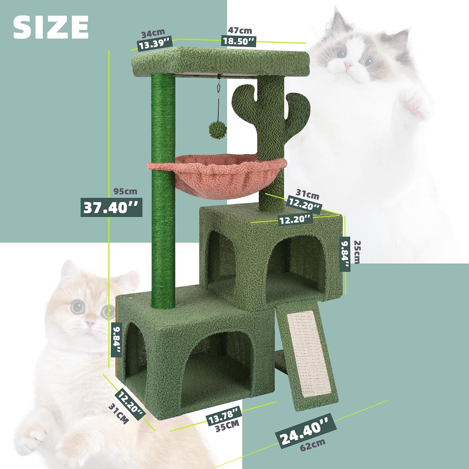 Detalle de AIWIKIDE 012 Cactus Cat Tree Tower, 37.4-Inch, Sisal Scratching Posts