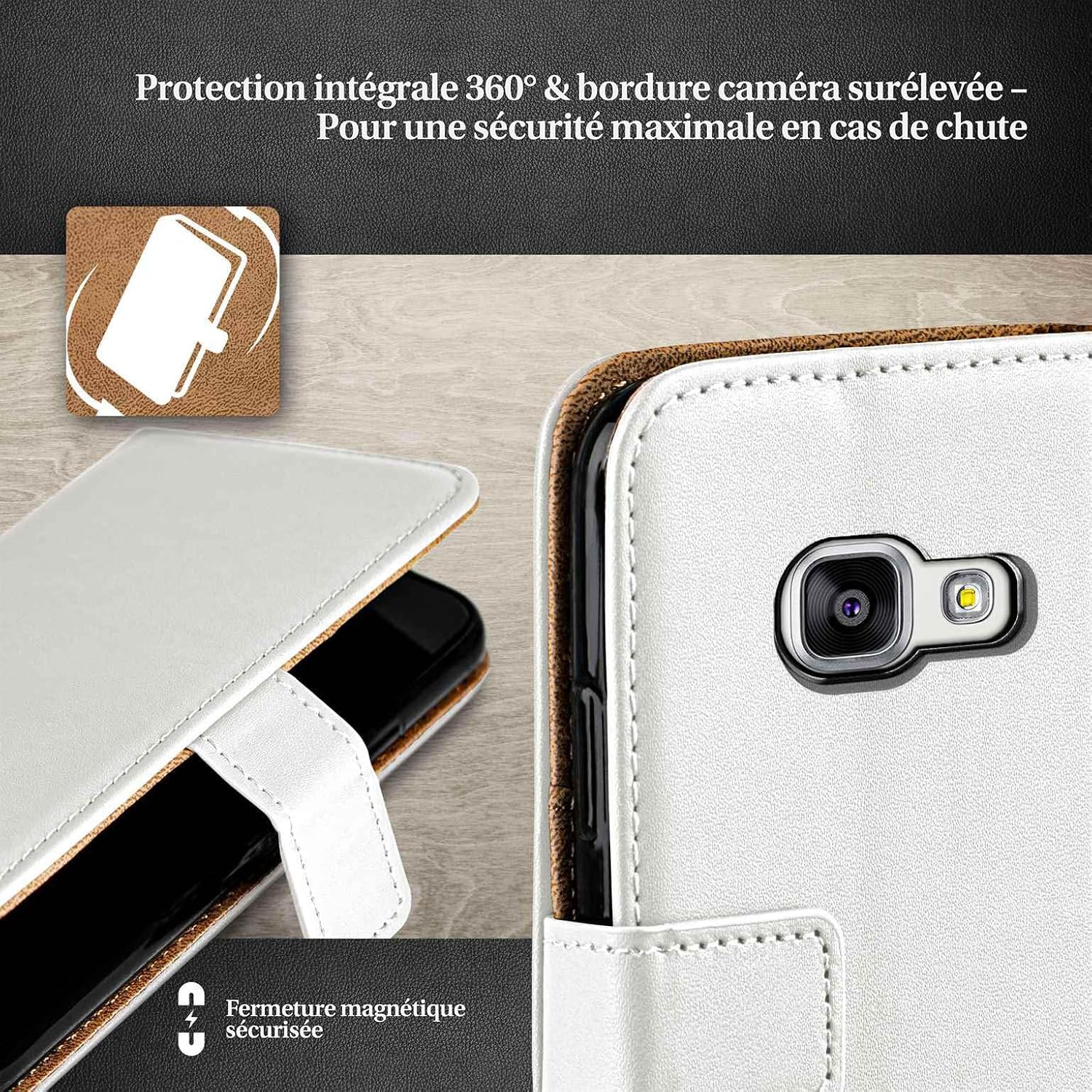 Detalle de moex Étui à Rabat 360° pour Samsung Galaxy A5 (2016) – Portefeuille en cuir végétalien, blanc perle
