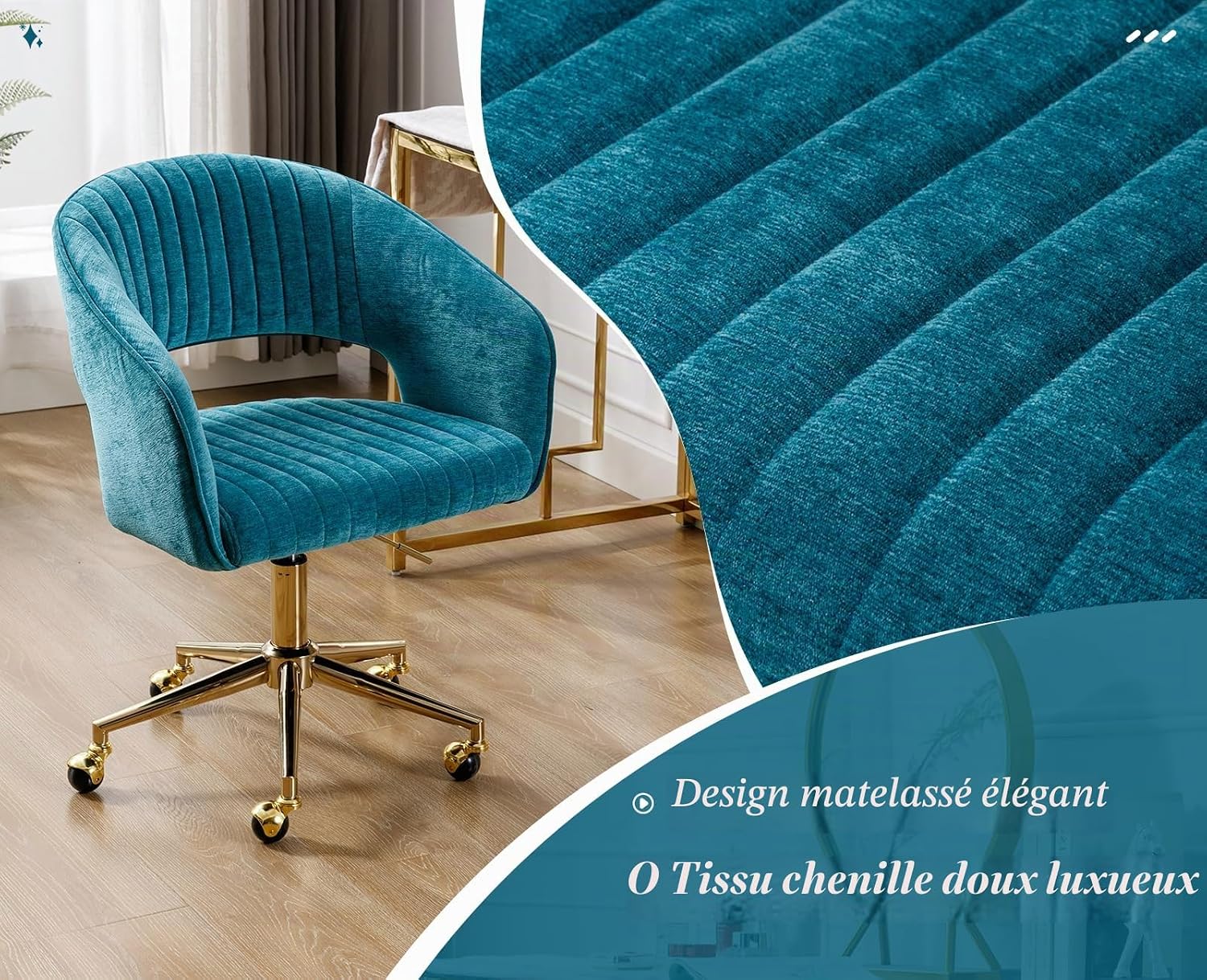 Detalle de chairus 001 bureaustoel in blauwgroene chenille met open rug en draaifunctie