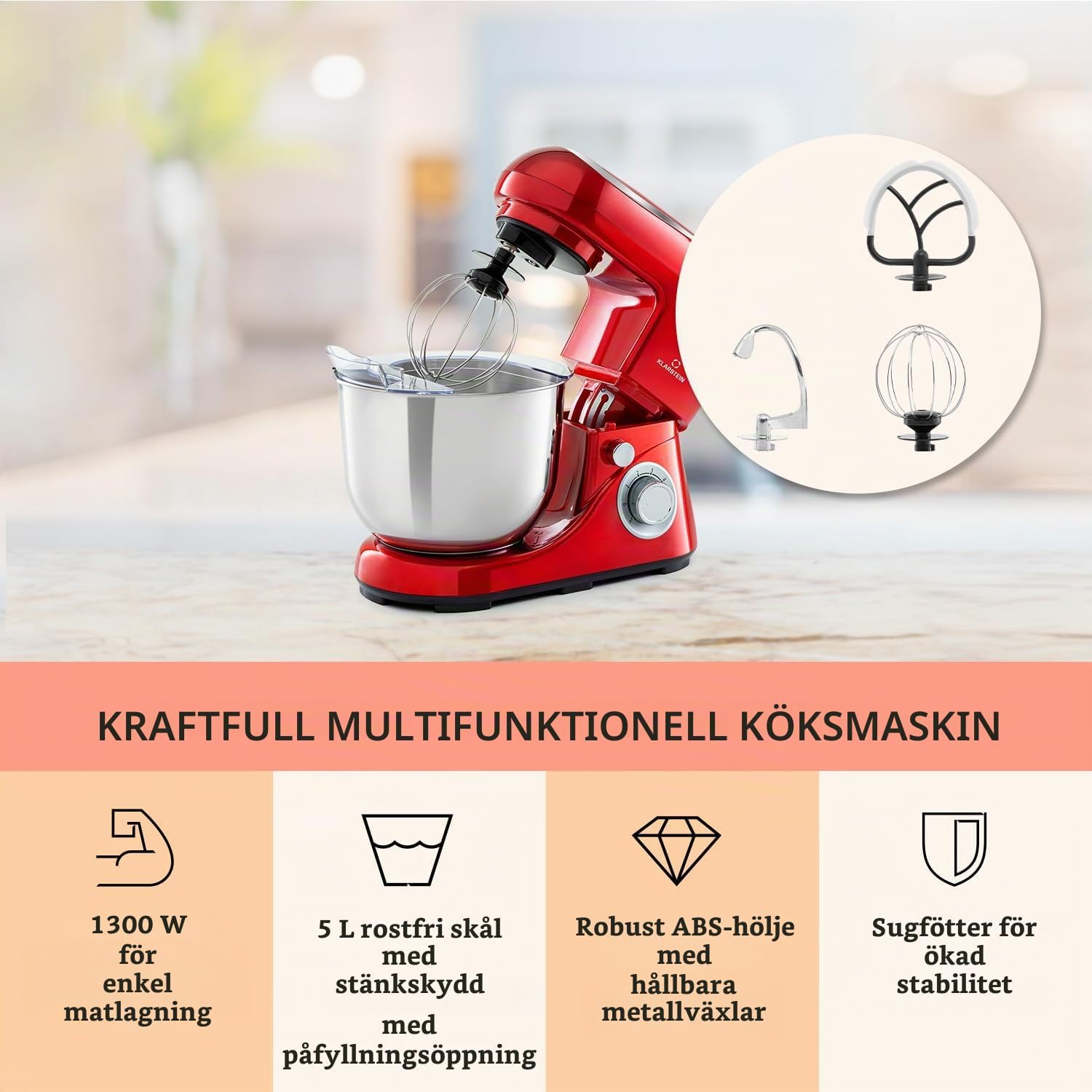 Detalle de Klarstein TK2-BellaPicoRed2G köksmaskin, 5 l skål och planetarisk blandning