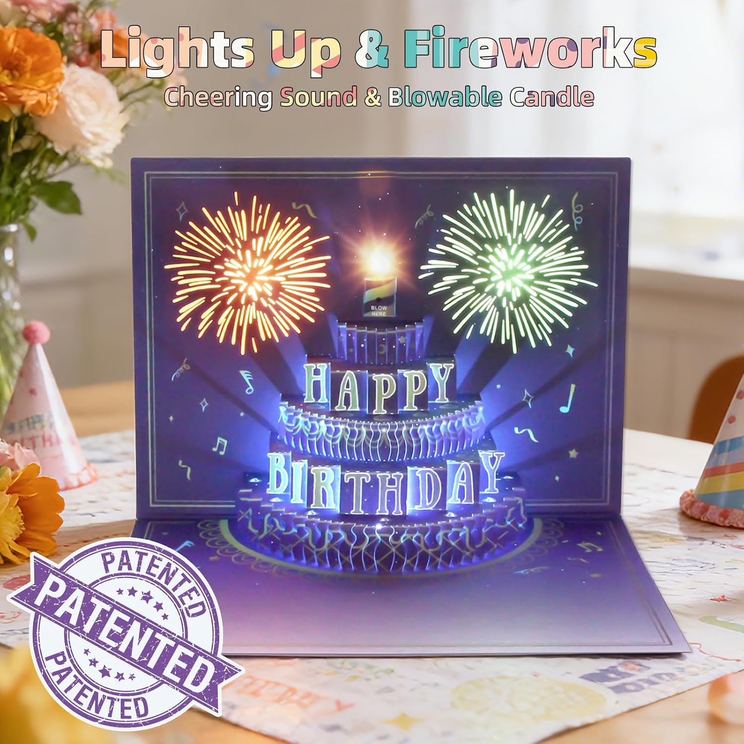 Detalle 2 de XTF2015 Fireworks Pop-Up Birthday Card with Lights, Music and 3D Cake