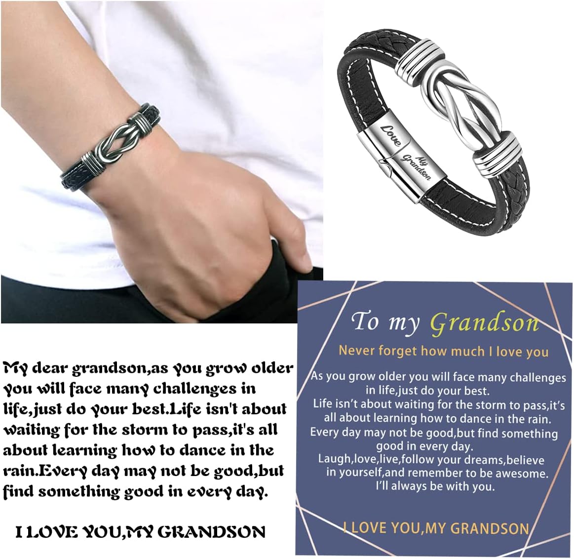 Thumbnail 2 de To My Grandson leather bracelet with engraving and stainless steel clasp – braided gift for Christmas, birthdays and more