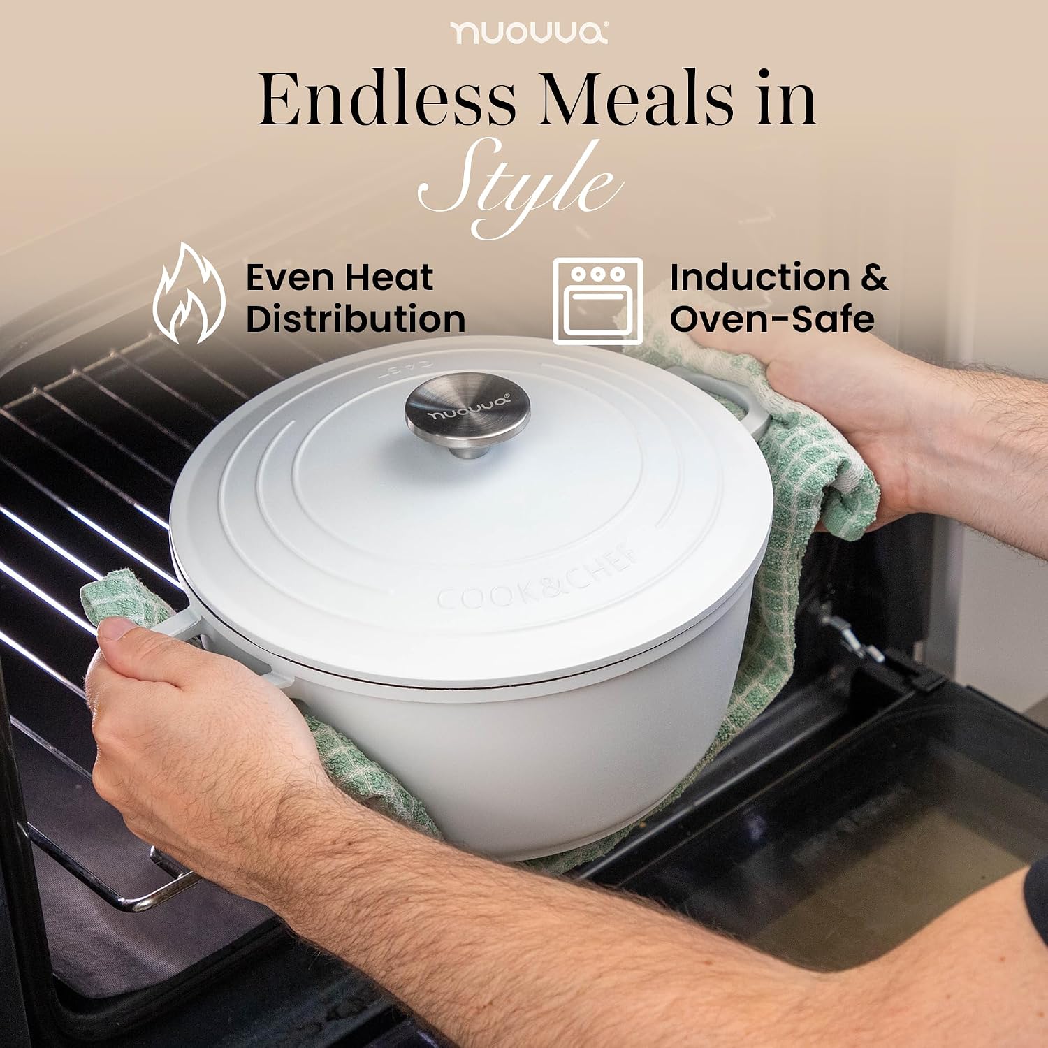 Detalle de Nuovva 4L Cream Aluminium Casserole Dish with Lid – Non-Stick Deep Dutch Oven for Induction & Oven Use