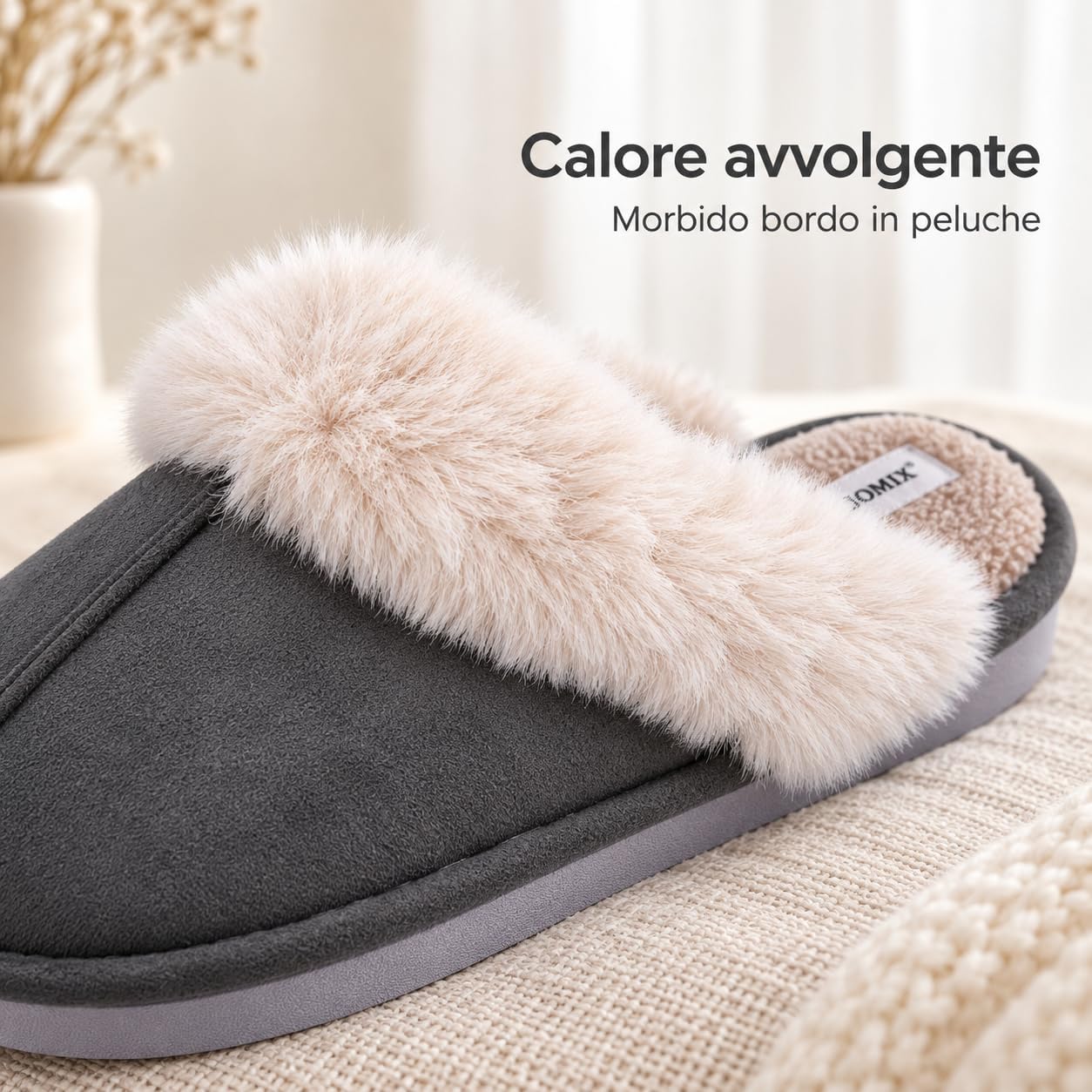 Detalle de JOMIX winterpantoffels voor heren met imitatiebont, suède en pvc-zool