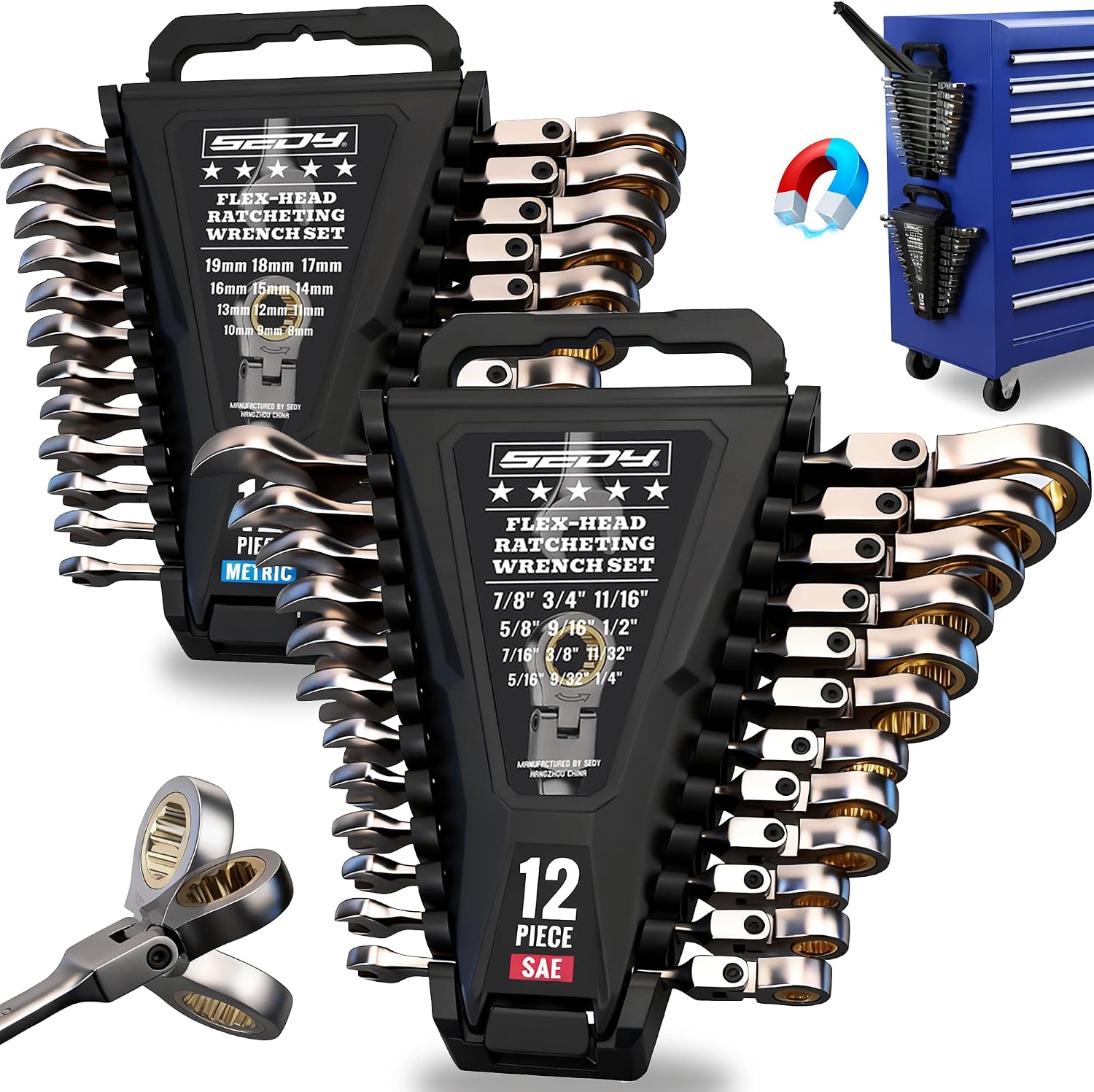 Detalle de SEDY 24-Piece Flex-Head Ratchet Wrench Set, SAE and Metric, 72-Tooth