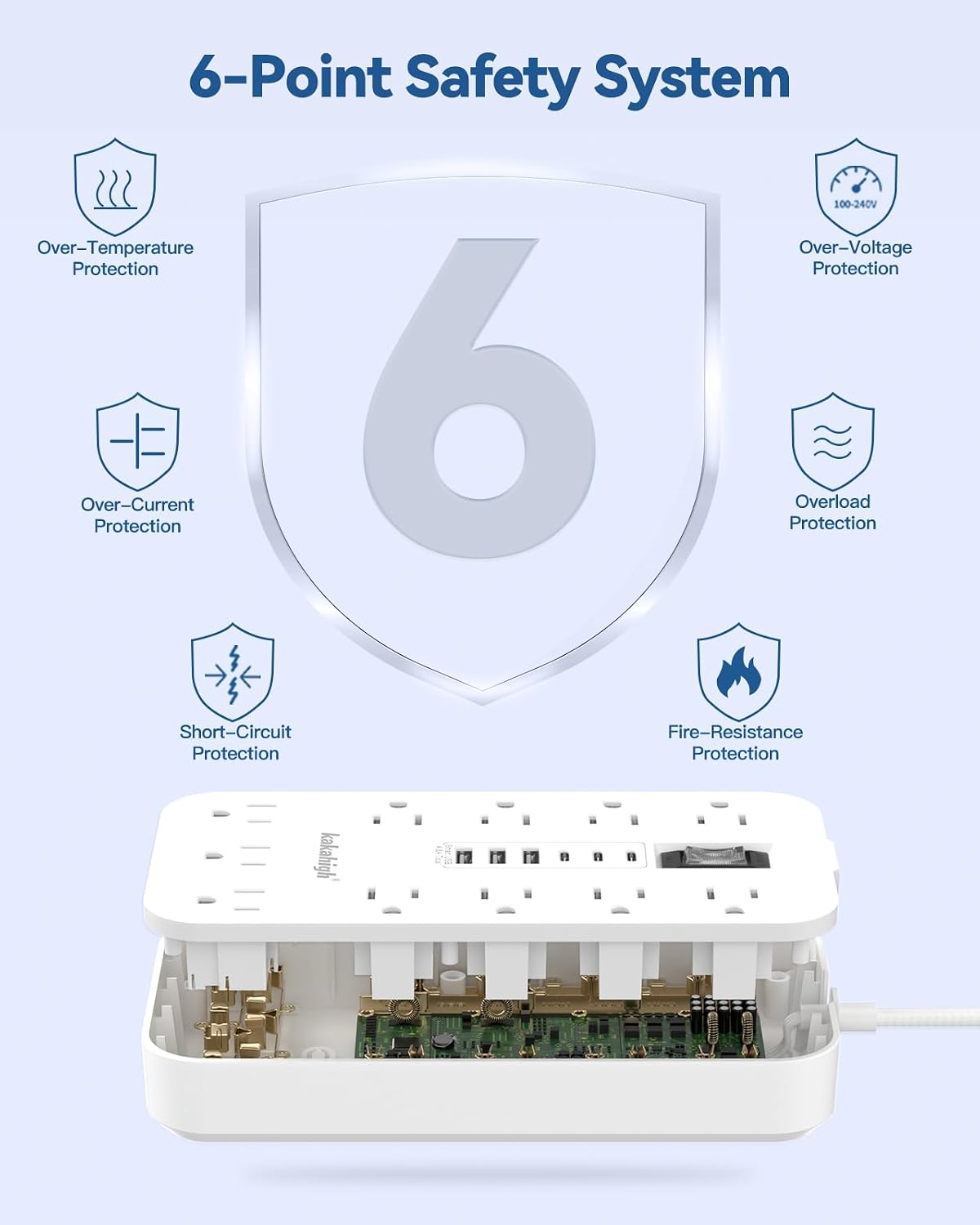 Detalle 1 de kakahigh 808 Power Strip, 11 AC Outlets, 6 USB Ports, 5-Foot Cord