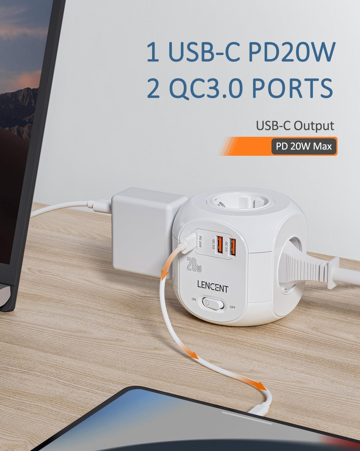 Thumbnail 2 de LENCENT PD20W 7-in-1 Mehrfachsteckdose mit 2 m geflochtenem Kabel und 2× USB-A + 1× USB-C