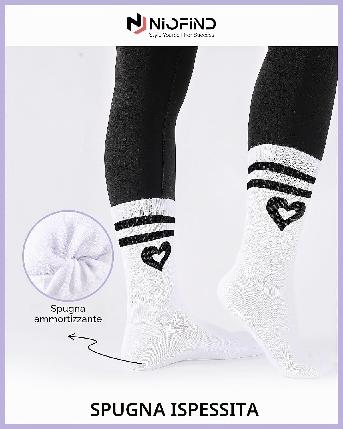 Detalle de Niofind Calzini da tennis donna alti (3 paia) con cuore: comfort antivesciche per corsa e sport
