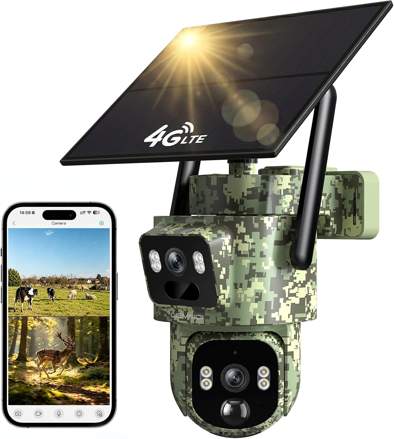 Detalle de Lemnoi 4G-jachtcamera met dubbele lens, zonnepaneel en 2K-nachtzicht