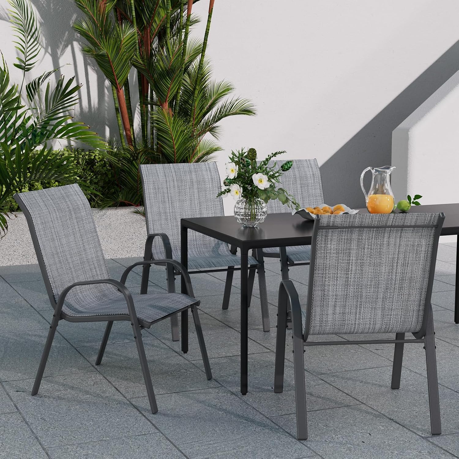 Thumbnail 3 de UDPATIO Set di 4 Sedie da Giardino Impilabili – 62 x 67 x 96 cm, schienale alto e braccioli, Tessuto Textilene, struttura in metallo (Grigio)