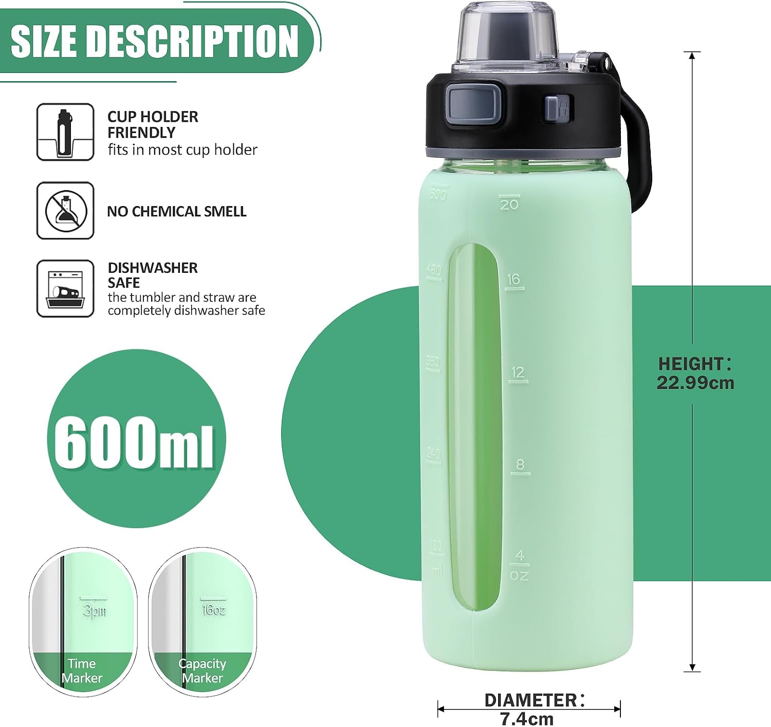 Detalle de BLUEGO Glas-Wasserflasche 600 ml mit 2 Deckeln & Zeit-Skala (Borosilikat, BPA-frei) – hellblau