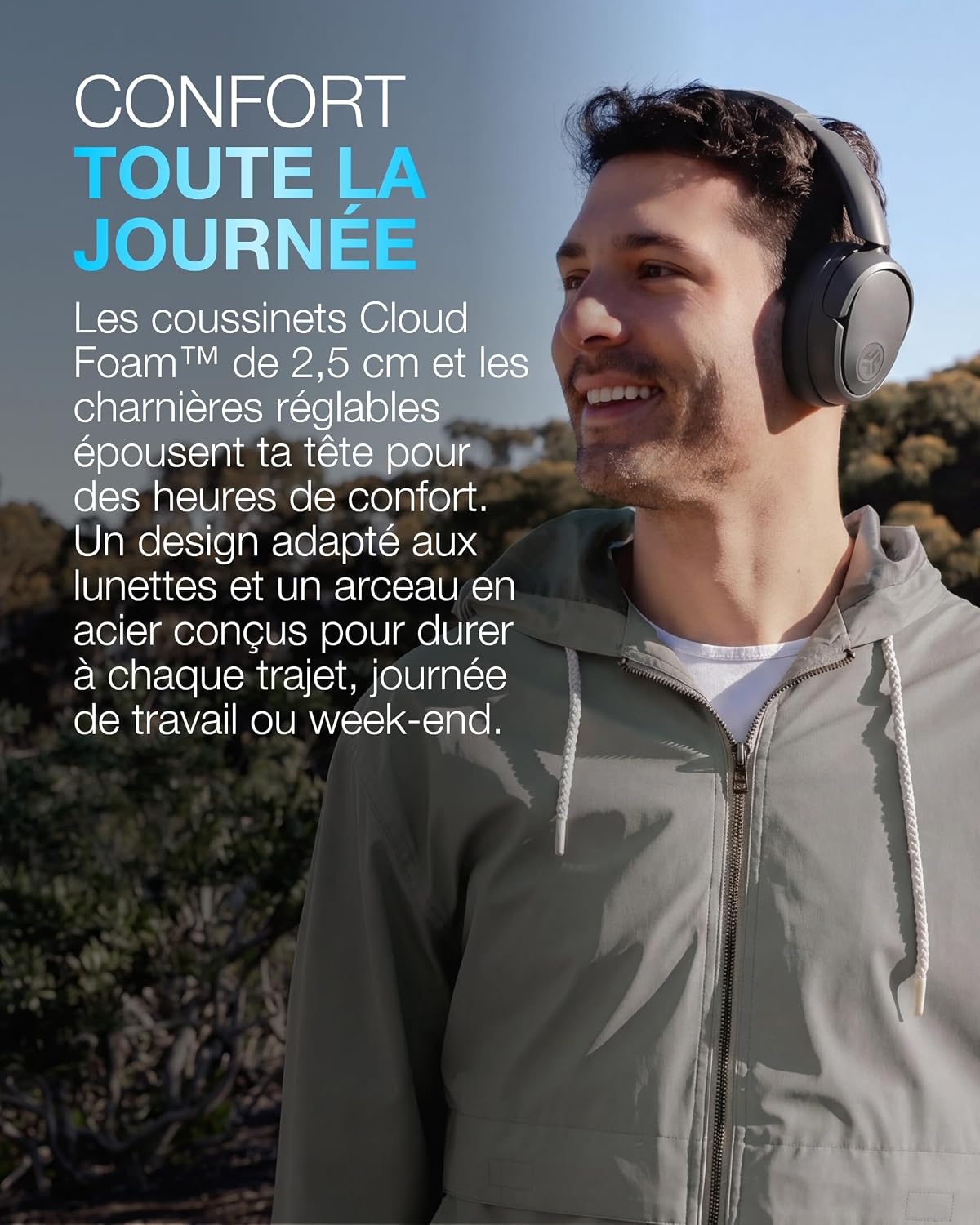 Detalle de JLab JBuds LUX ANC : casque Bluetooth supra-auriculaire pliable avec réduction de bruit active