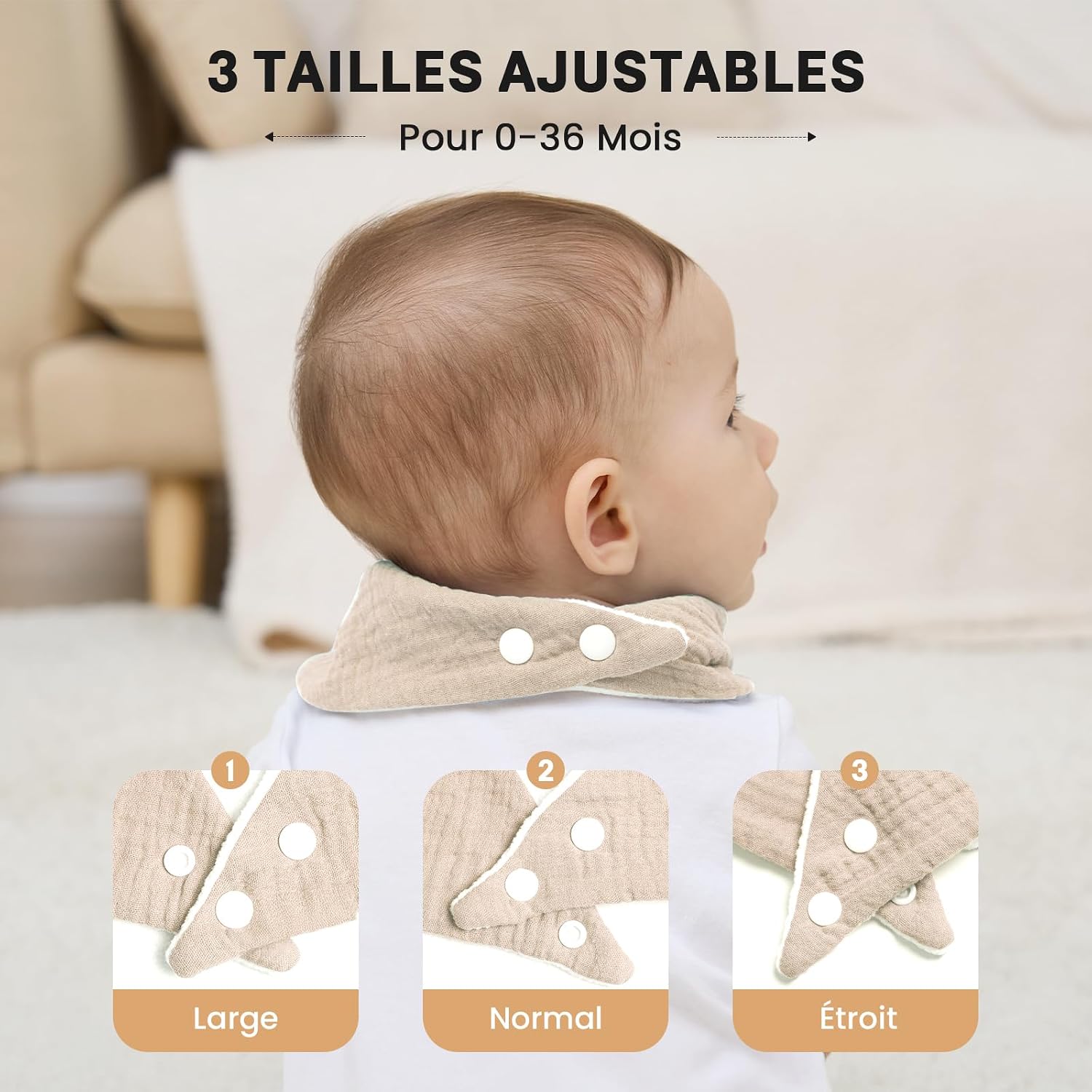 Thumbnail 6 de IKWOLETI Bavoirs Bébé Naissance Mousseline – Lot de 8 Bandana Bavoirs absorbants et ajustables