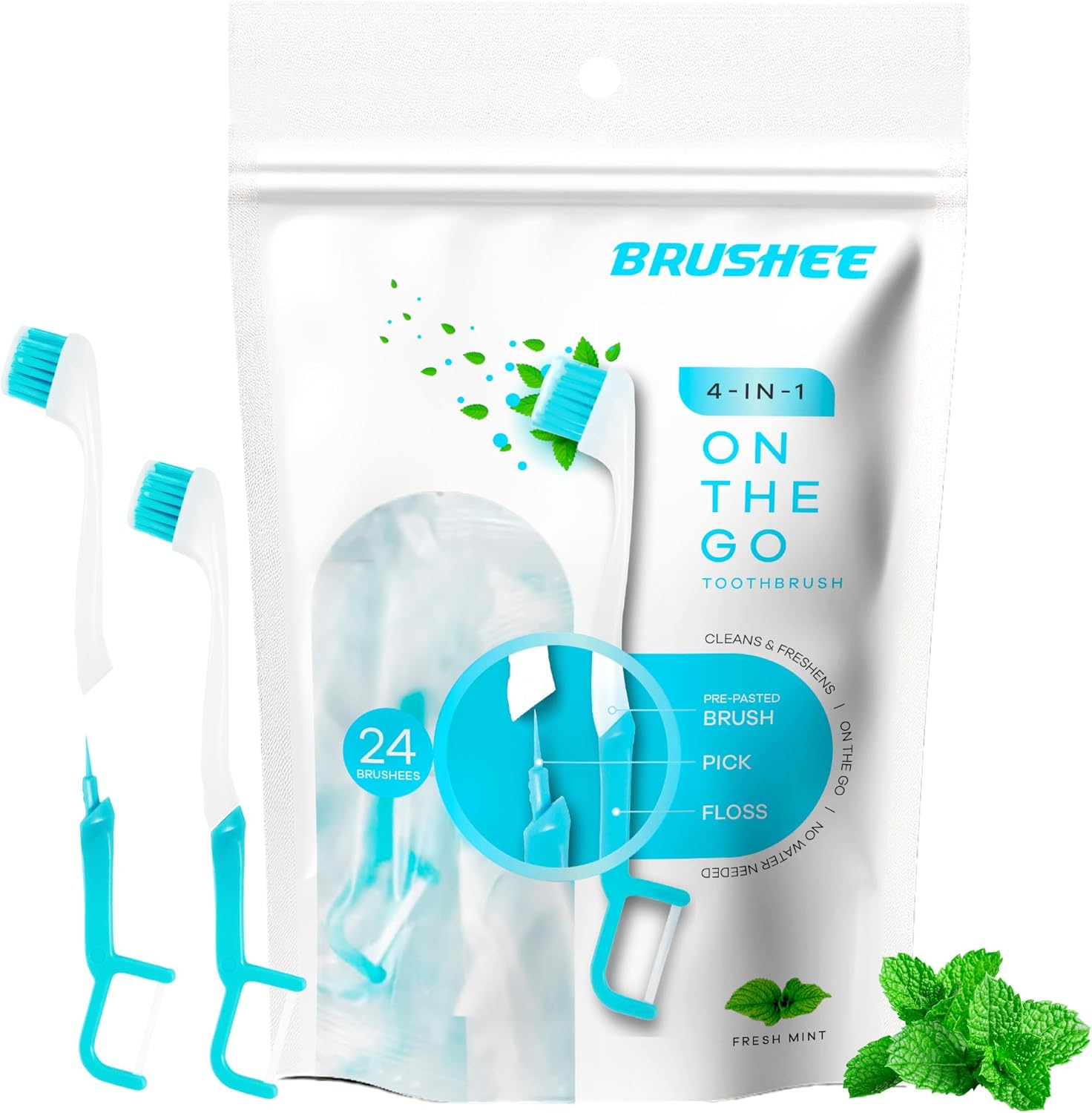 Detalle de Brushee - The Evolution of Oral Care: 4-in-1 Portable Brush with Paste, Floss, and Pick (24-Pack)