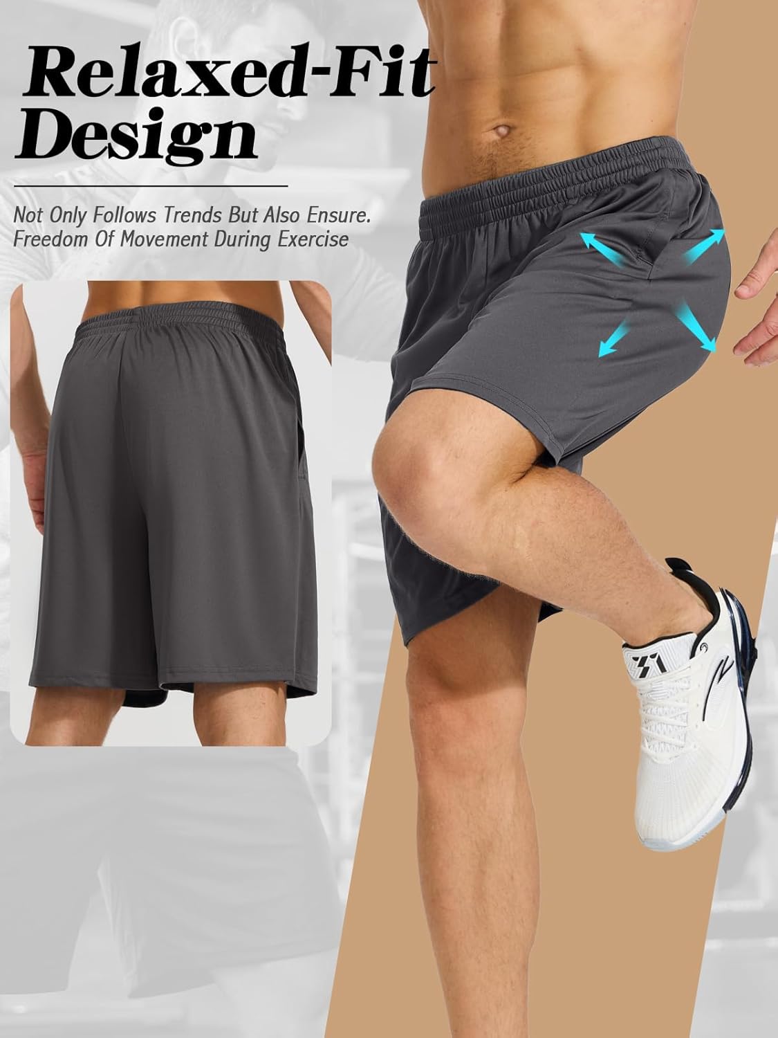Detalle de ZENGVEE 1/3 Pack Men's Sport Shorts – Quick-Dry Gym Shorts with Two Pockets