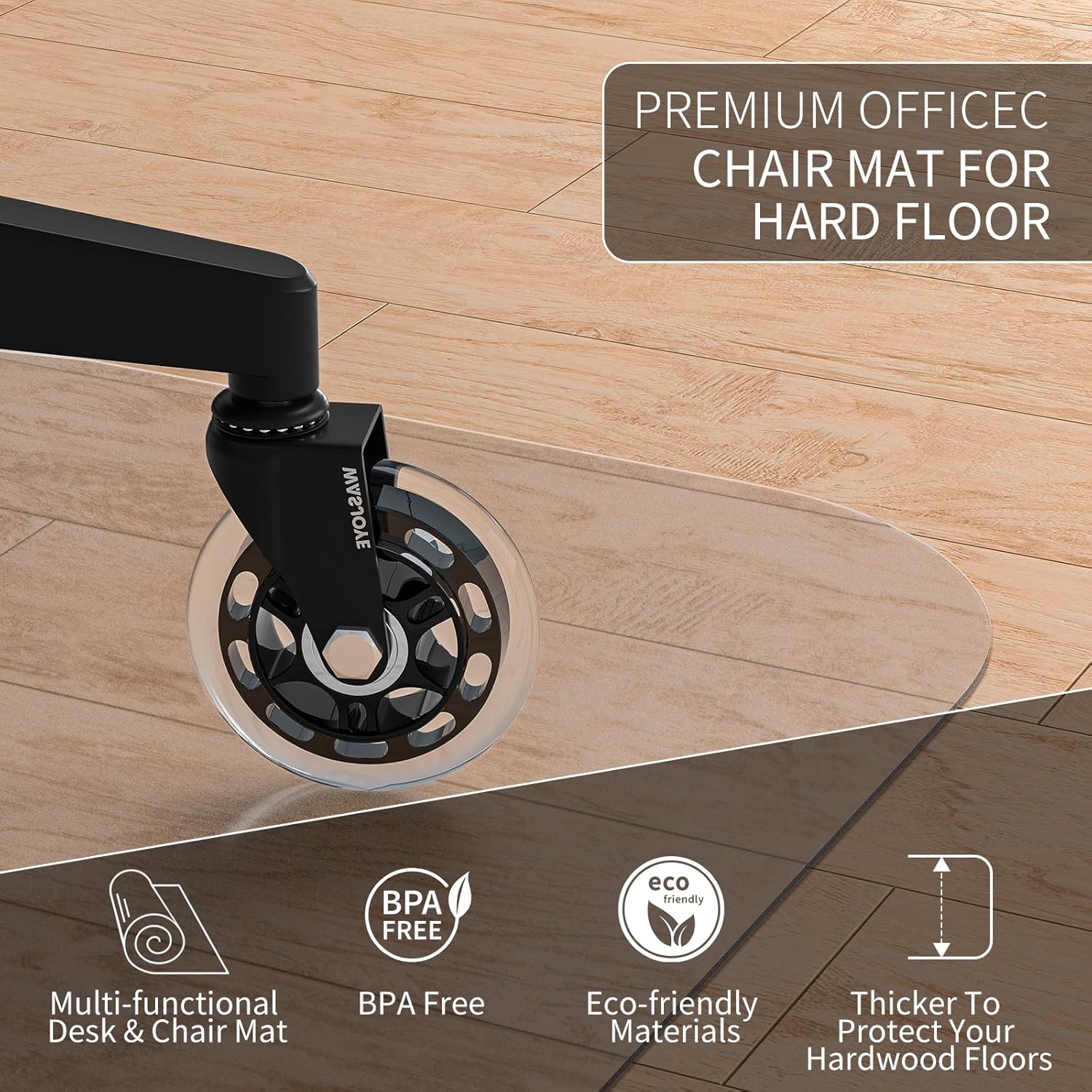 Detalle de WASJOYE Office Chair Mat 75x120cm for Hard Floors – Clear PVC Floor Protector