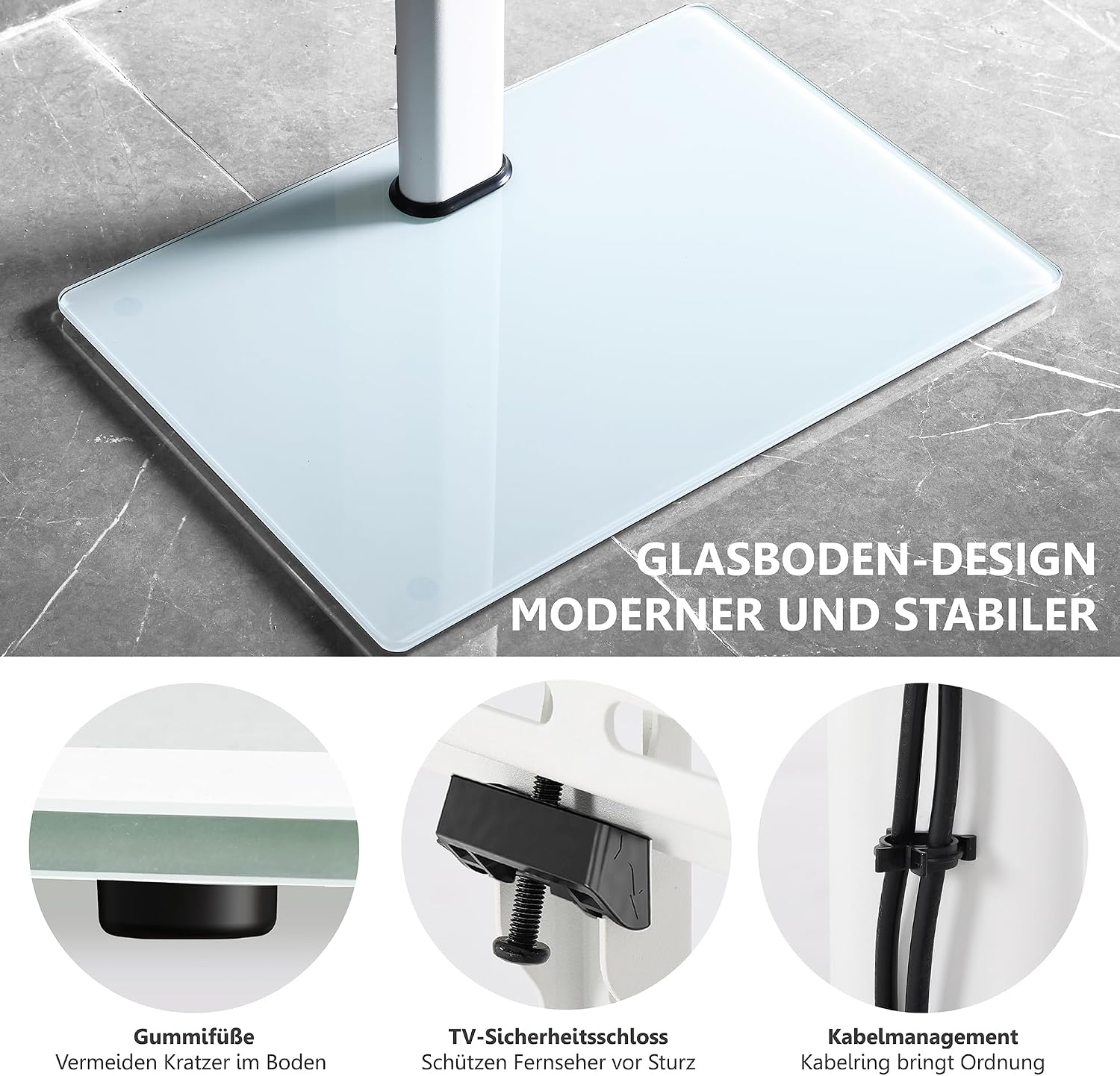 Detalle de FITUEYES TV Ständer mit Glasboden für 32–60 Zoll Fernseher, höhenverstellbar bis 1240 mm, max. 30 kg, VESA bis 600×400 mm – Weiß