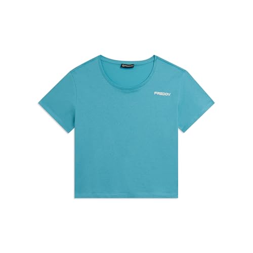 Detalle de FREDDY T-Shirt Cropped Manica Corta con Piccolo Logo Donna – Azzurro, Large