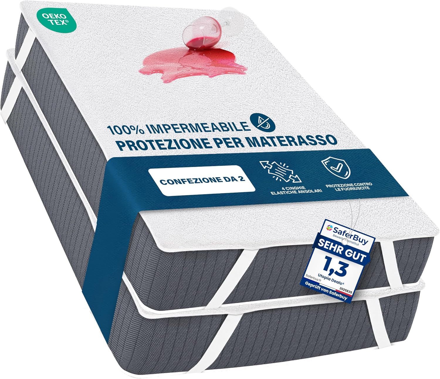 Detalle de Coprimaterasso Impermeabile Matrimoniale Utopia Bedding 180 x 200 cm – Confezione da 2, 4 Angoli Elasticizzati