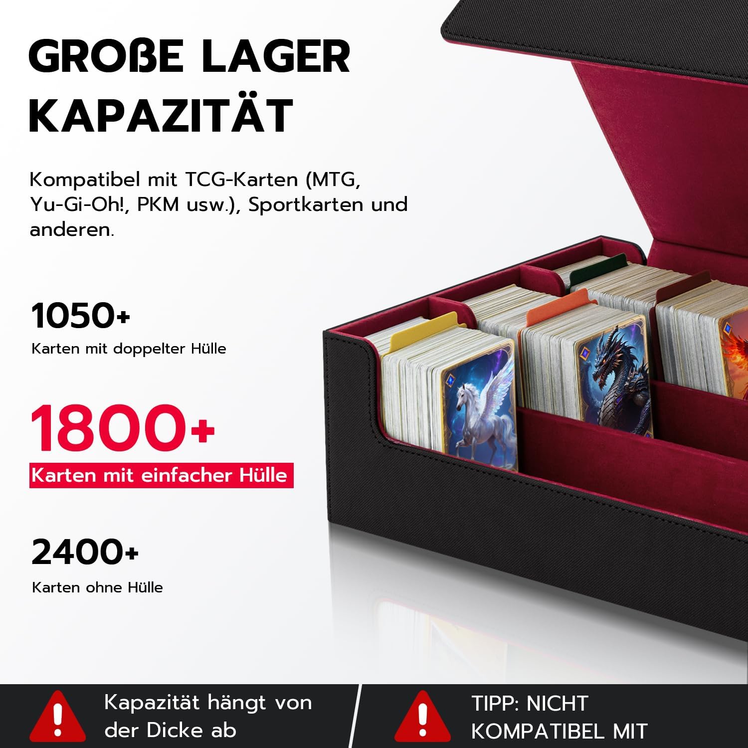 Thumbnail 1 de Tolesum Kartenbox für MTG – 1800+ Karten mit Trennwänden, PU-Leder, Magnetverschluss (Schwarz & Rot)