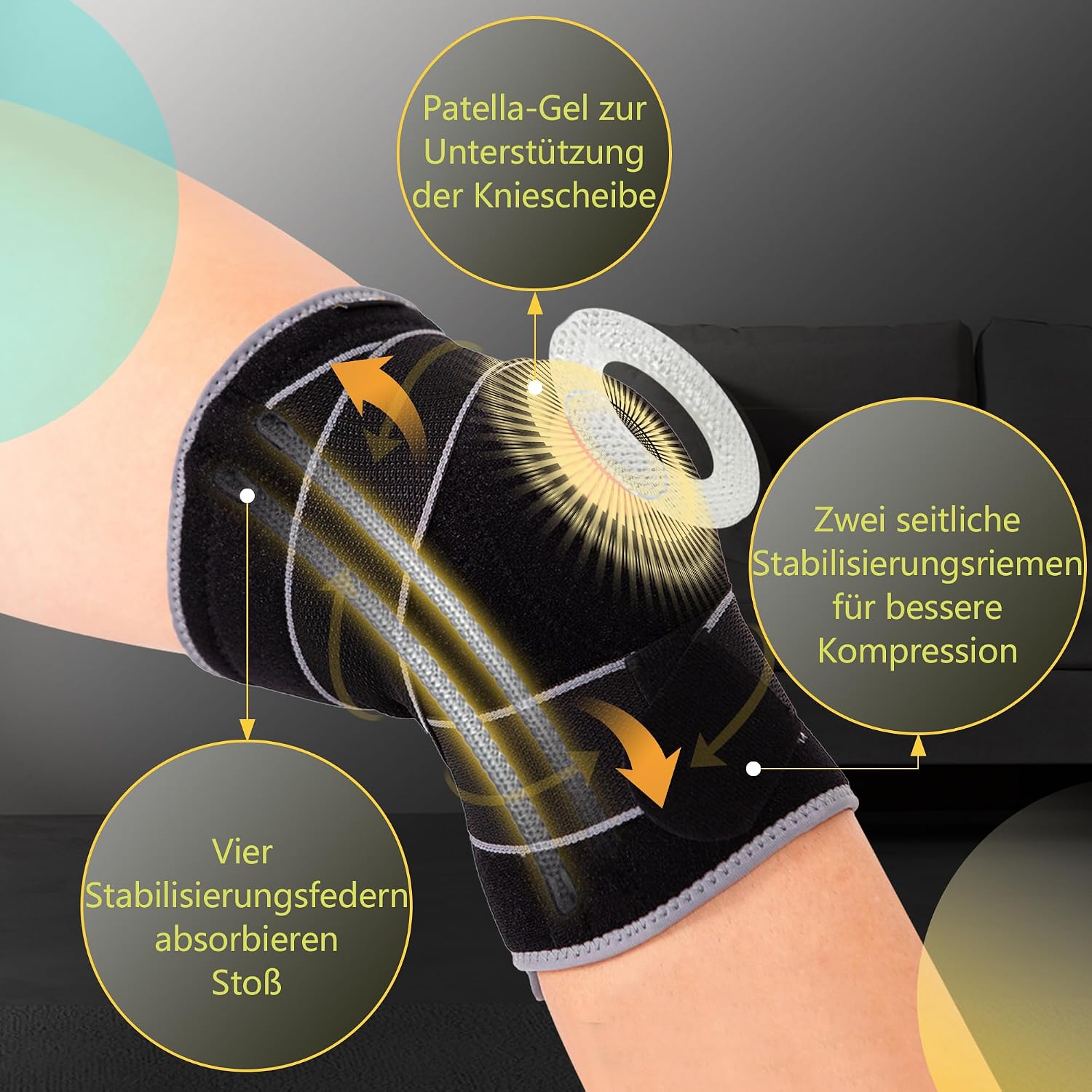 Detalle 2 de BraceUP Kniebandage mit Seitenstabilisatoren und Patella-Gel-Pads (L/XL) – Support bei Knieschmerzen