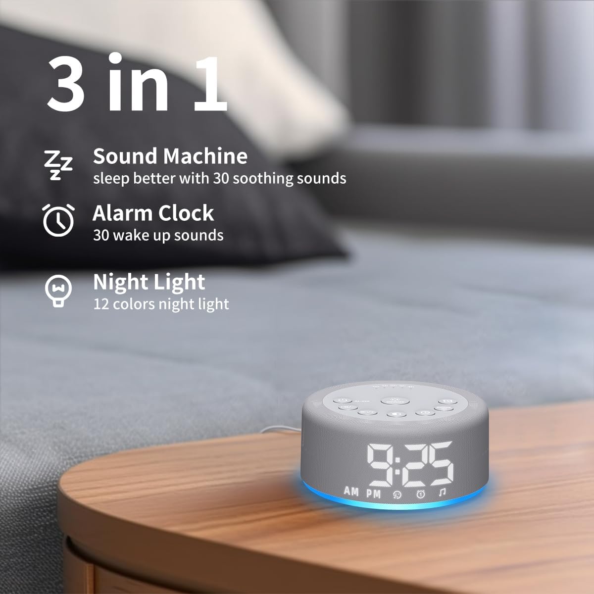 Detalle 2 de Sound Machine Alarm Clock with 32-Level Volume, 12-Color Night Light