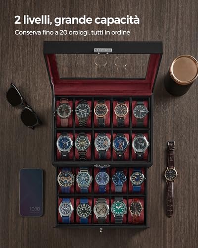 Detalle de SONGMICS BRIDIE JWB020R01 porta orologi a 2 livelli, 20 posti e coperchio in vetro