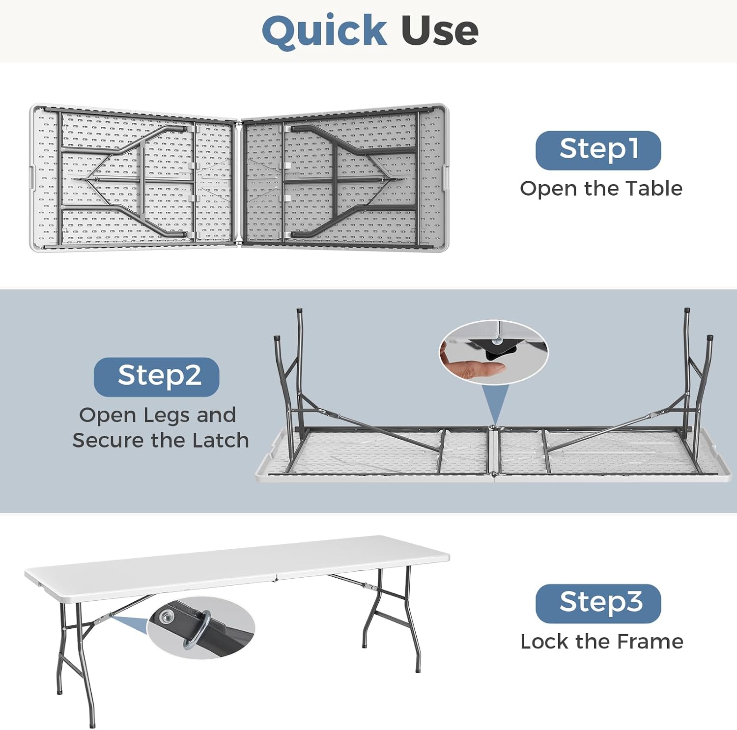 Detalle 2 de DUMOS DM-ZDZ-8FT-WT 8-Foot Folding Picnic Table, White HDPE Top