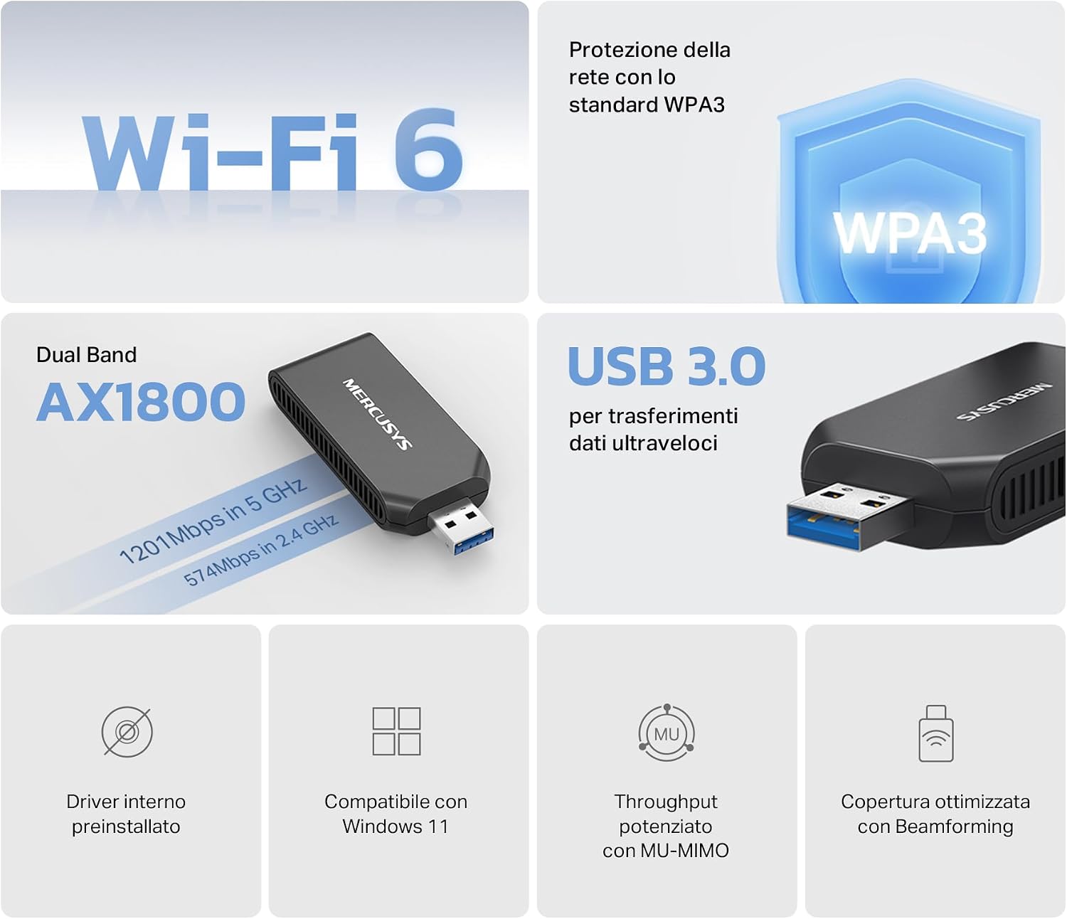 Detalle de Mercusys MA70XM AX1800 Adattatore USB WiFi 6 per PC – Dual Band 1201 Mbps + 574 Mbps