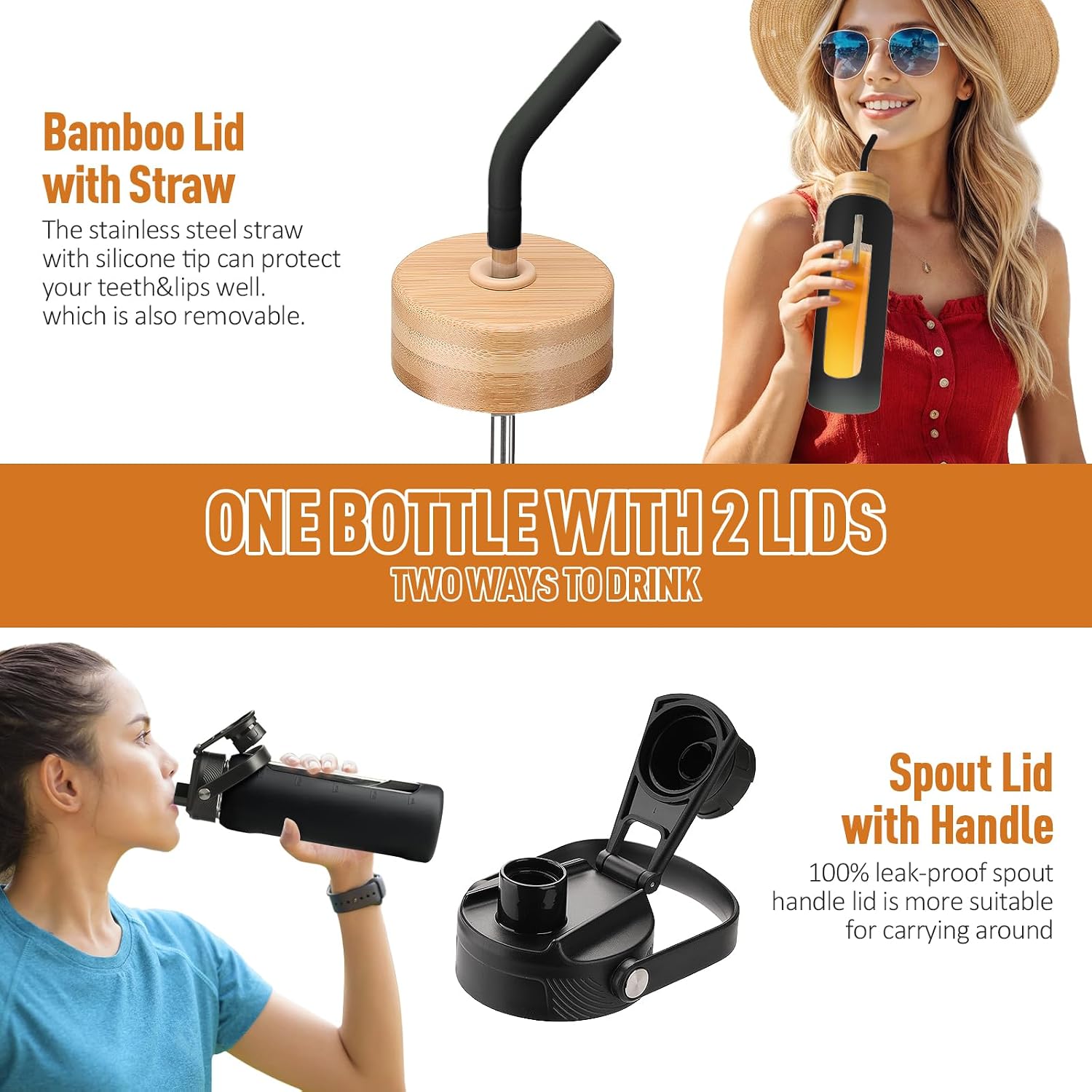 Thumbnail 2 de BLUEGO 700ml borosilicate glass water bottle with straw, 2 lids and silicone protector (black)