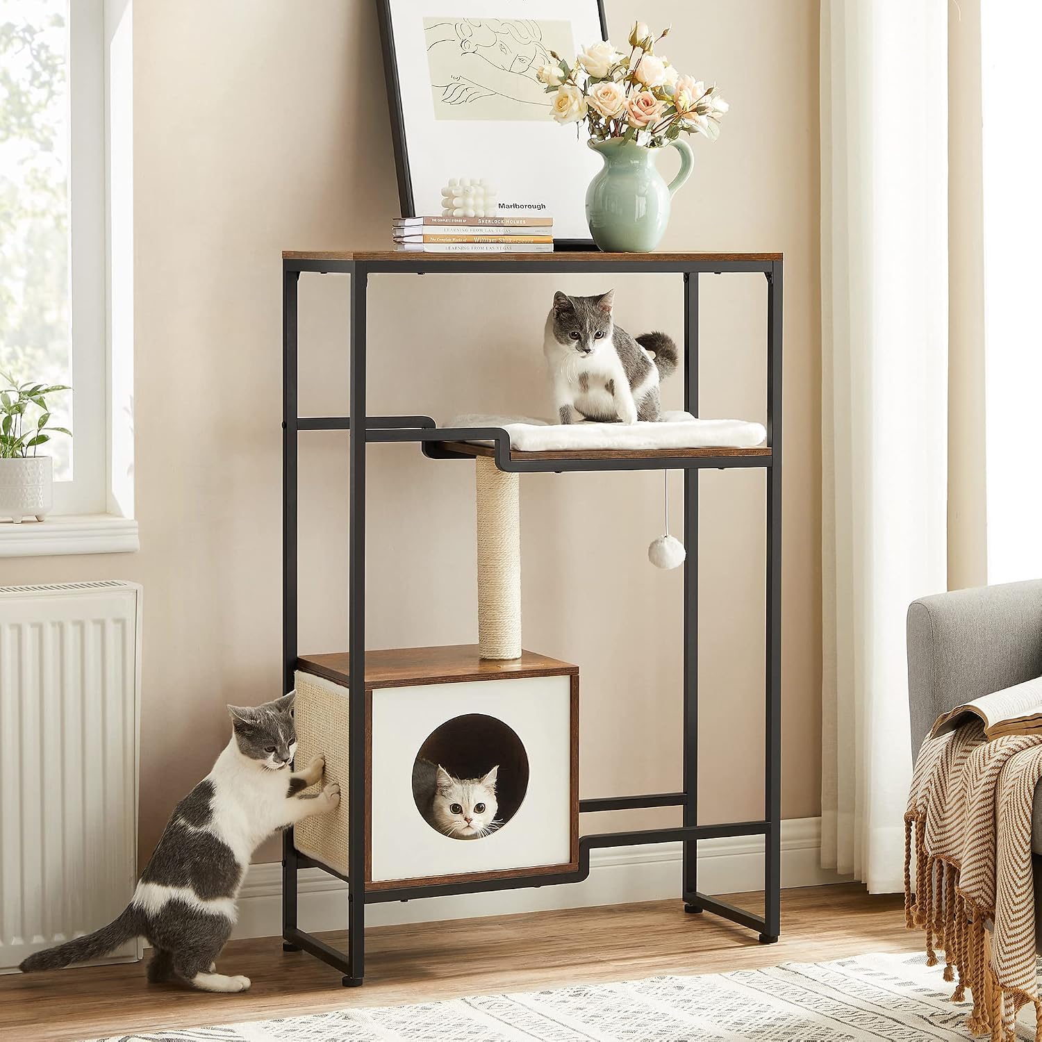 Thumbnail 2 de FEANDREA Arbre à Chat, Maison, Niche, Gain de Place – Marron Rustique PCT112X01
