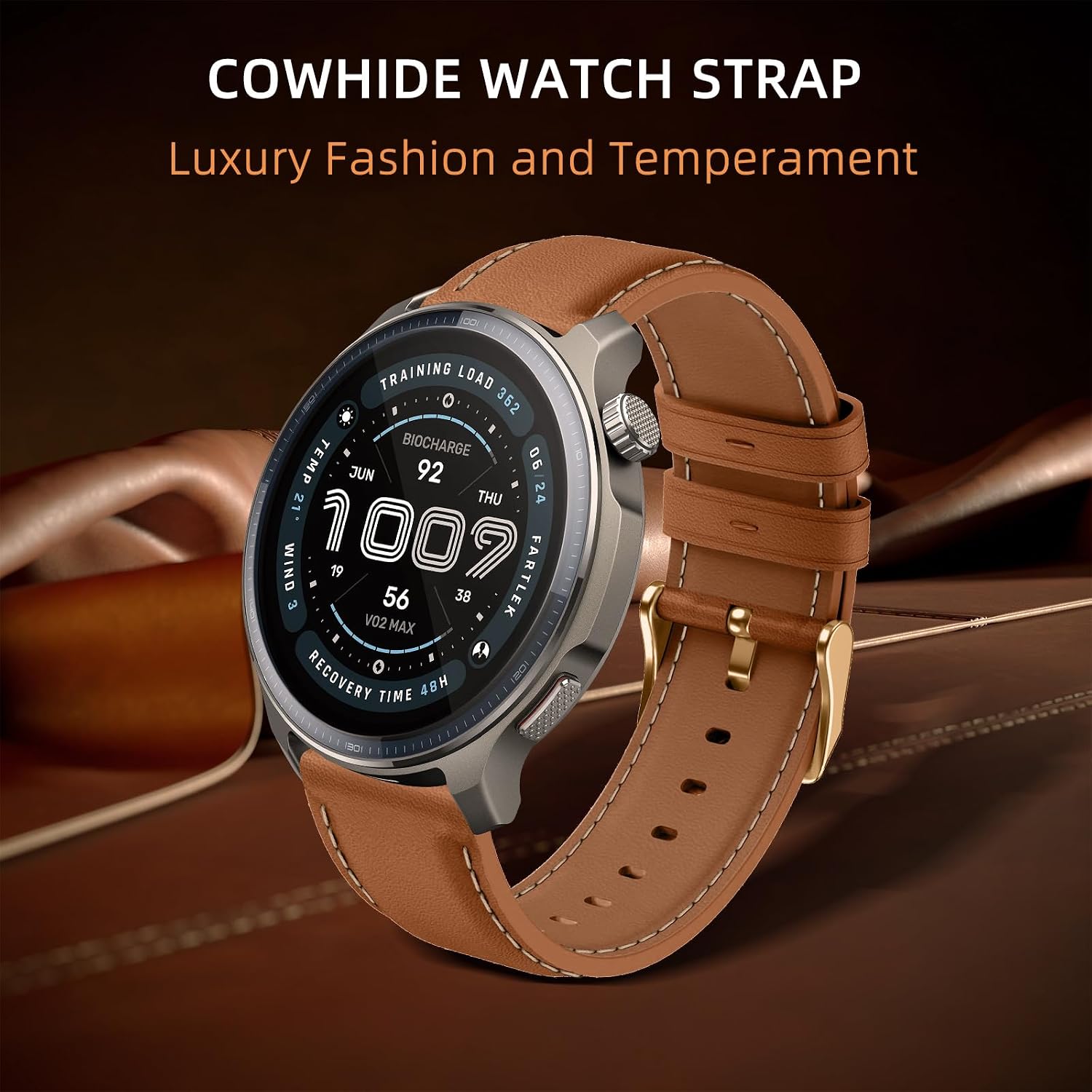 Detalle 2 de LanQii Lederarmband (22 mm) für Amazfit Active Max, T-Rex 3 Pro & weitere Modelle, braun