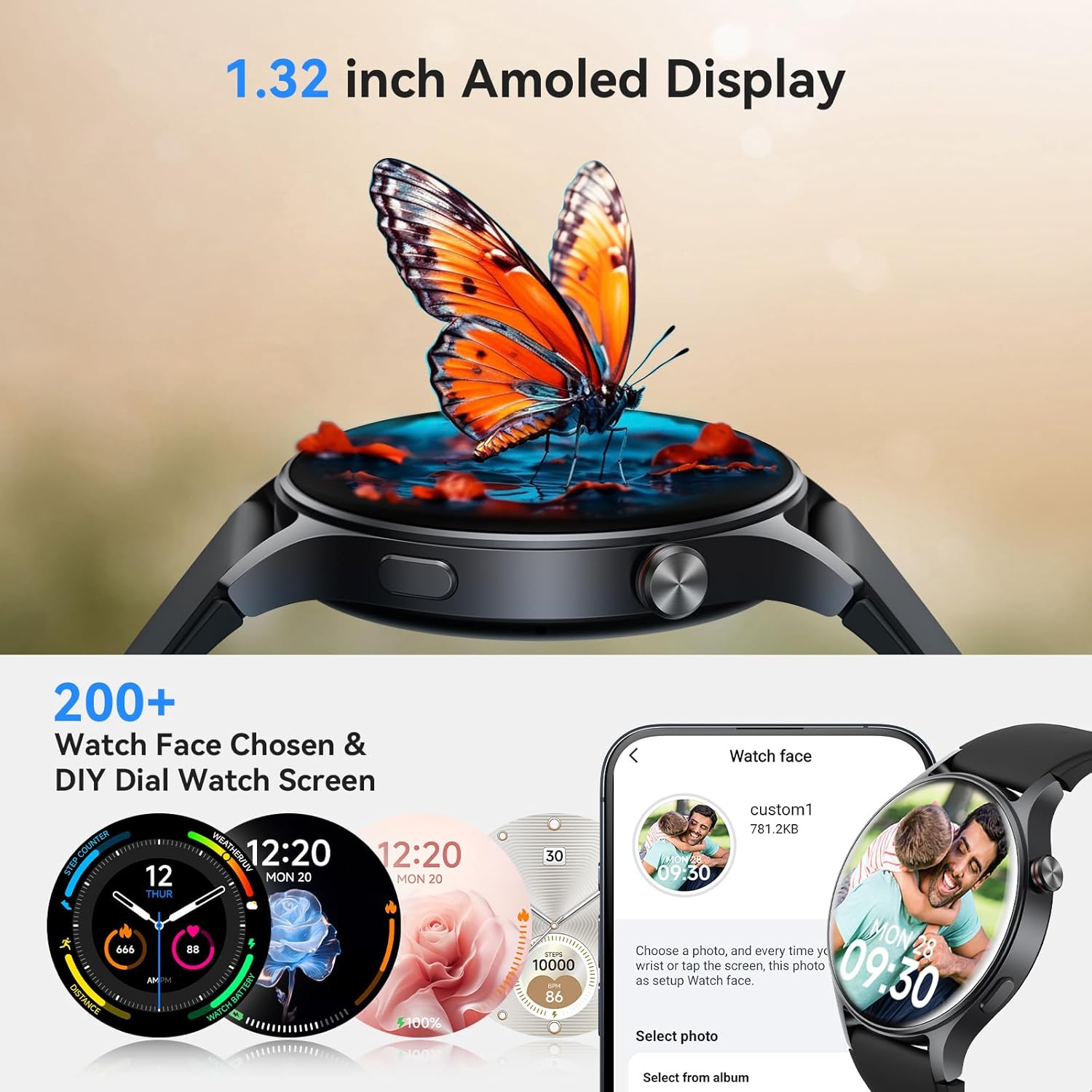 Detalle de AEAC Smart Watch for Men and Women with 1.32" AMOLED Display, Hands-Free Calling, and 110+ Sports Modes