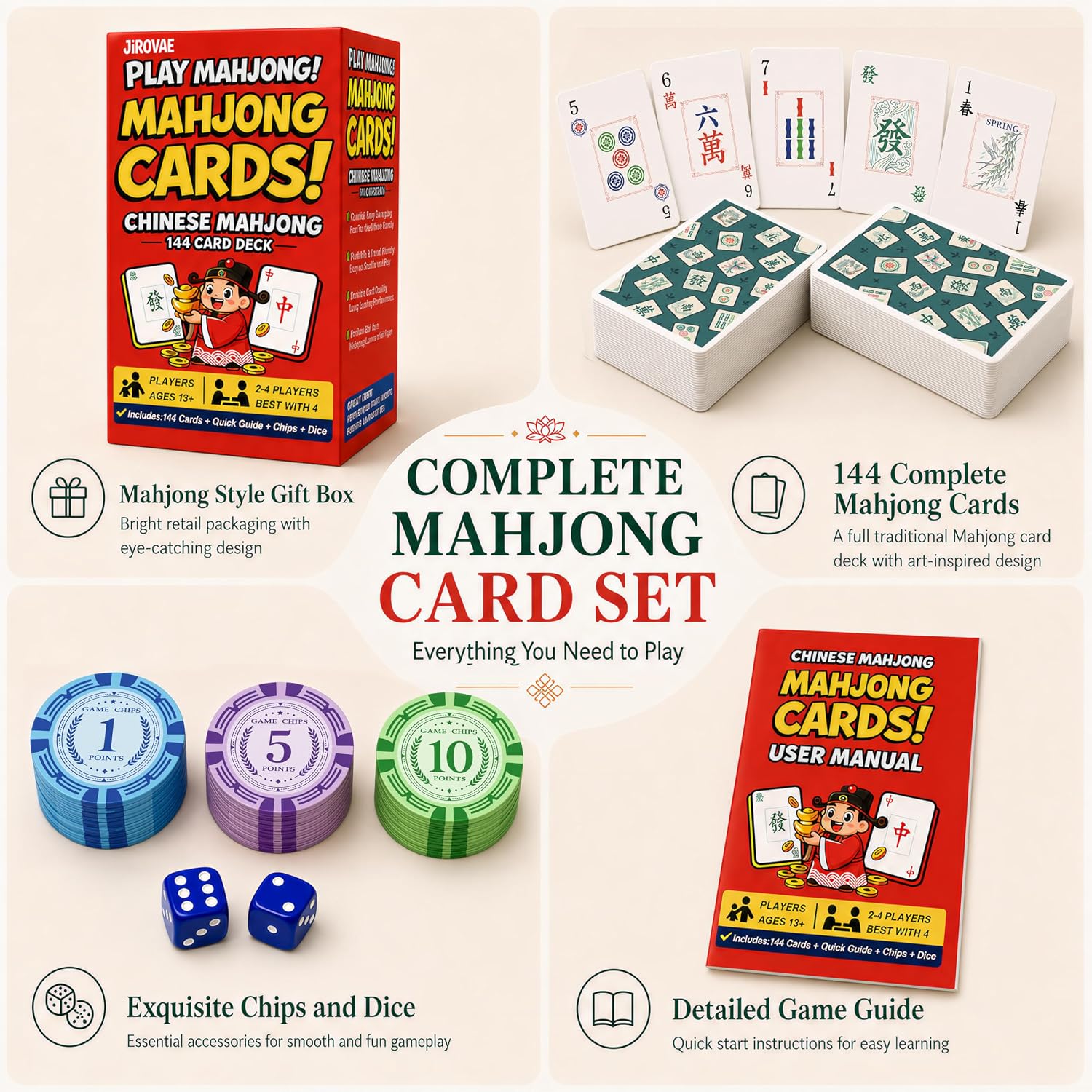 Detalle de Jirovae Mahjong Card Set, 144 Cards