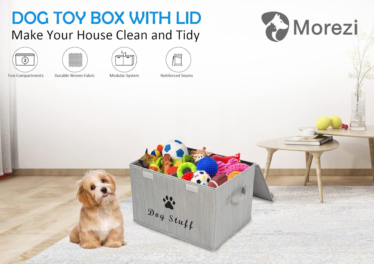 Thumbnail 1 de Morezi dog toy box basket storage with lid (bamboo grey) for home organisation