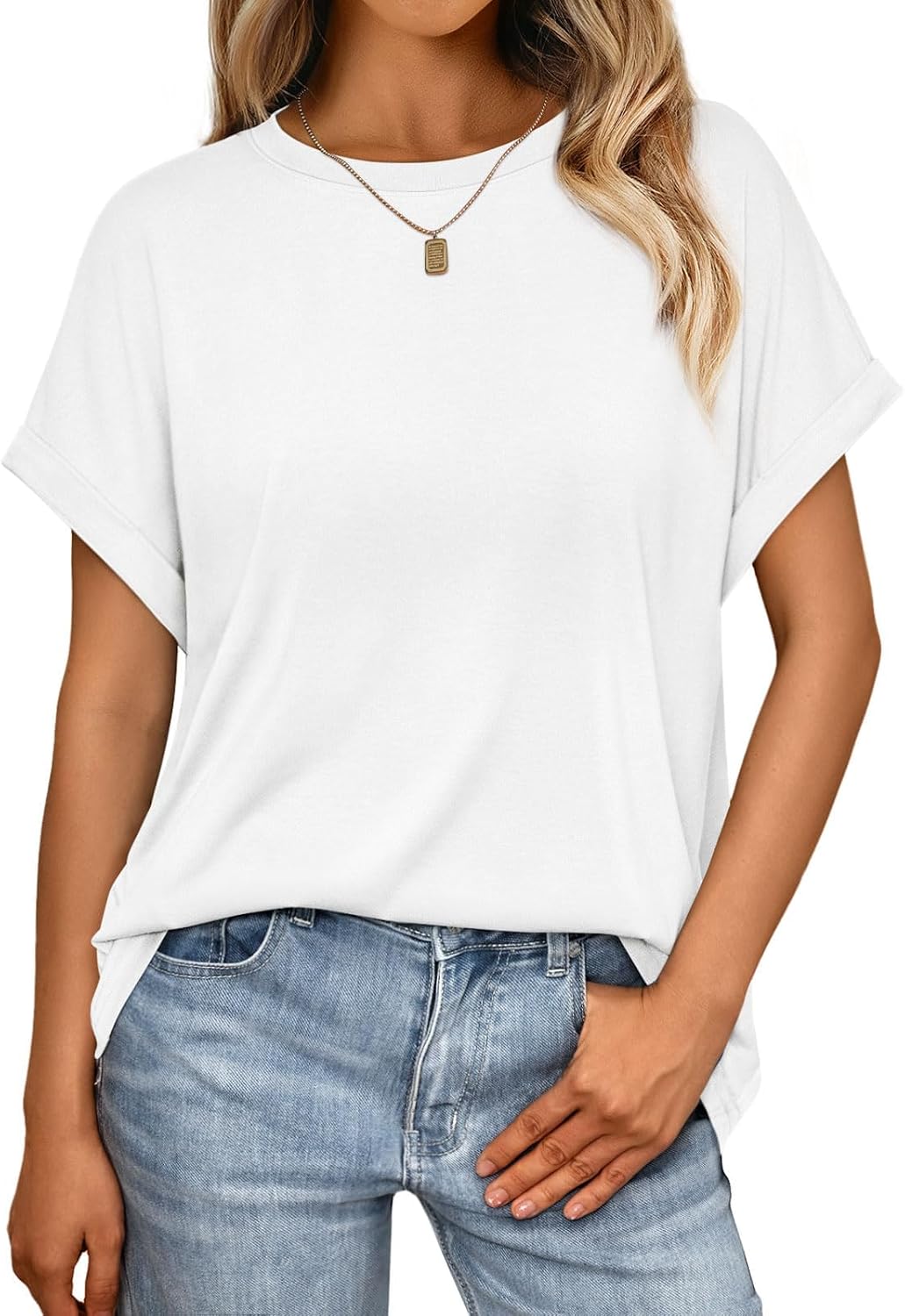 Detalle de Cuptacc Damen Oversize T-Shirt mit Rundhalsausschnitt – Sommer Casual, Flügelärmel