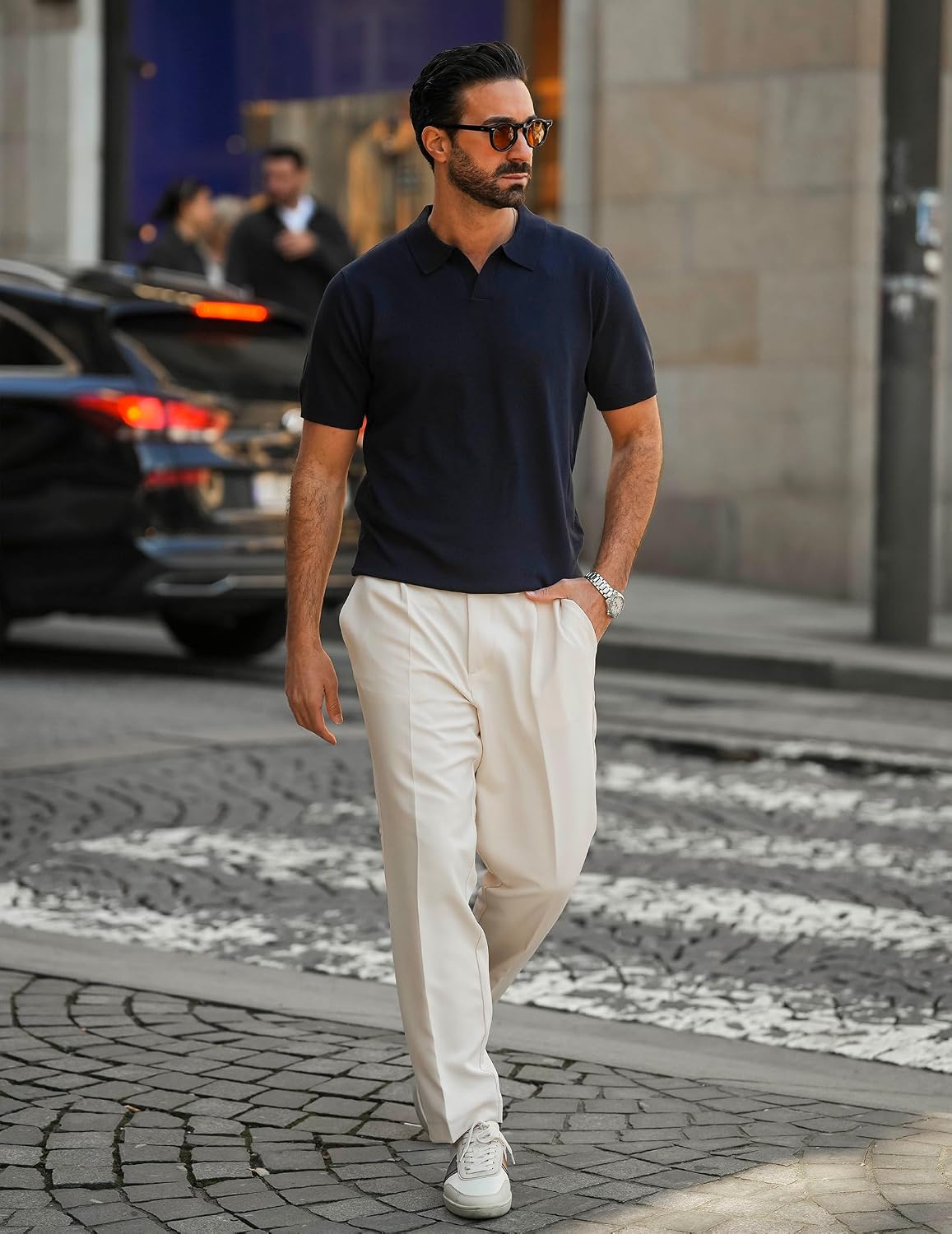 Detalle de COOFANDY Men's V Neck Short Sleeve Stretch Knit Polo Shirt