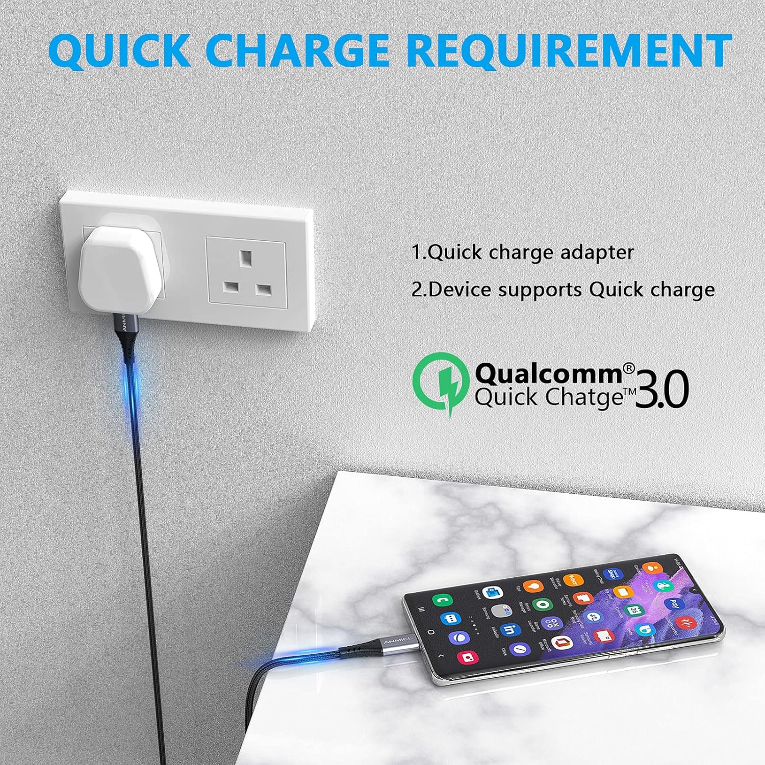 Detalle de ANMIEL USB-C Cable 1M for Fast Charging 3.1A