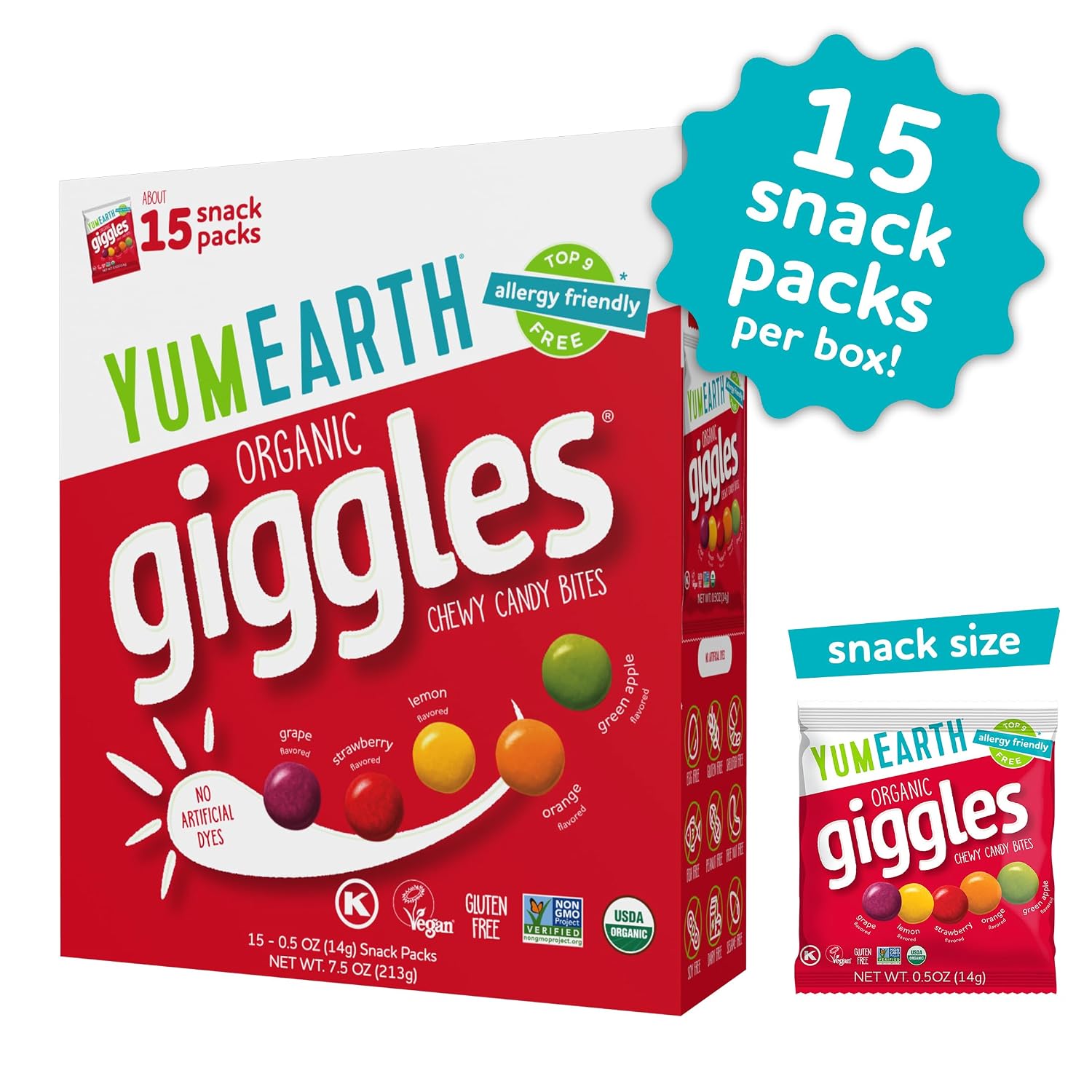 Detalle de YumEarth Organic Giggles Chewy Candy – 0.5oz Snack Pack, Box of 15