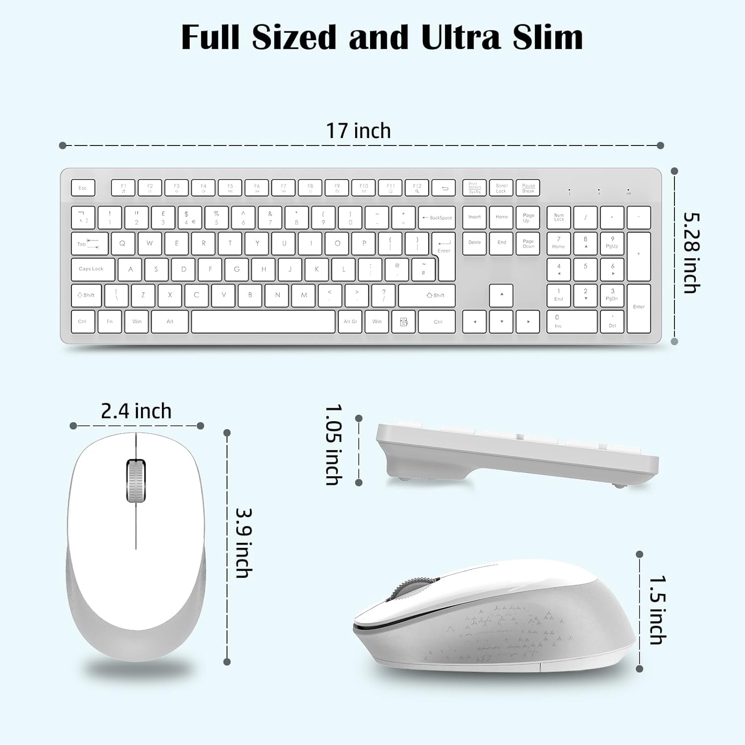 Detalle de LeadsaiL Wireless Keyboard and Mouse Set (UK layout) – Full Size, Ergonomic Stand, Noiseless Click, 12 Shortcuts, White & Grey