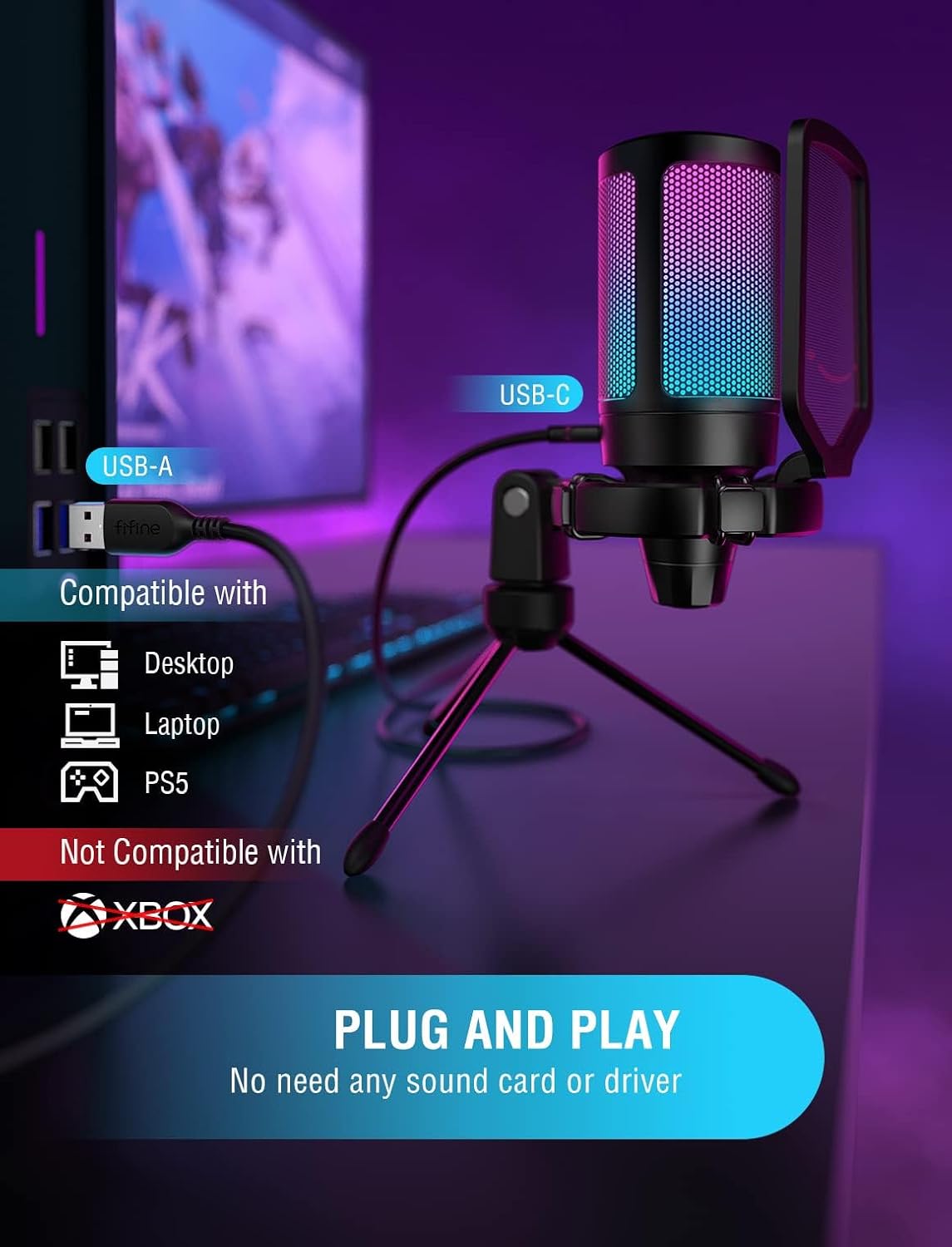 Detalle de FIFINE Gaming USB-Mikrofon für PC, Streaming & Podcast mit Quick-Mute und Ständer (für PS4/PS5, Mac)