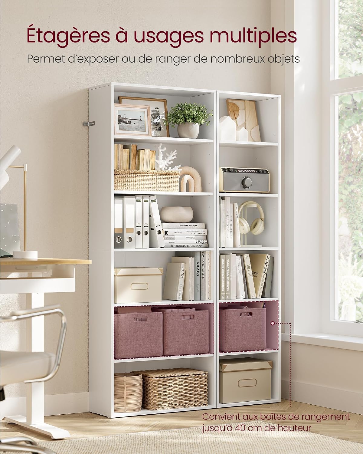 Detalle de VASAGLE LBC167T14 boekenkast met 6 niveaus, wit, 40 x 24 x 178,5 cm