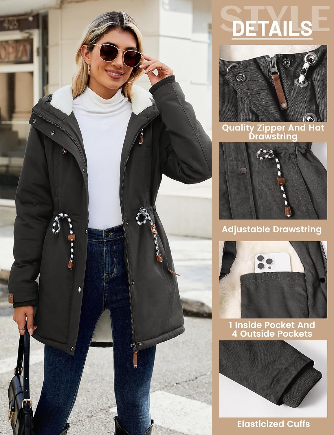 Detalle de Xnova Women’s Winter Fleece-Lined Cotton Parka Jacket with Hood
