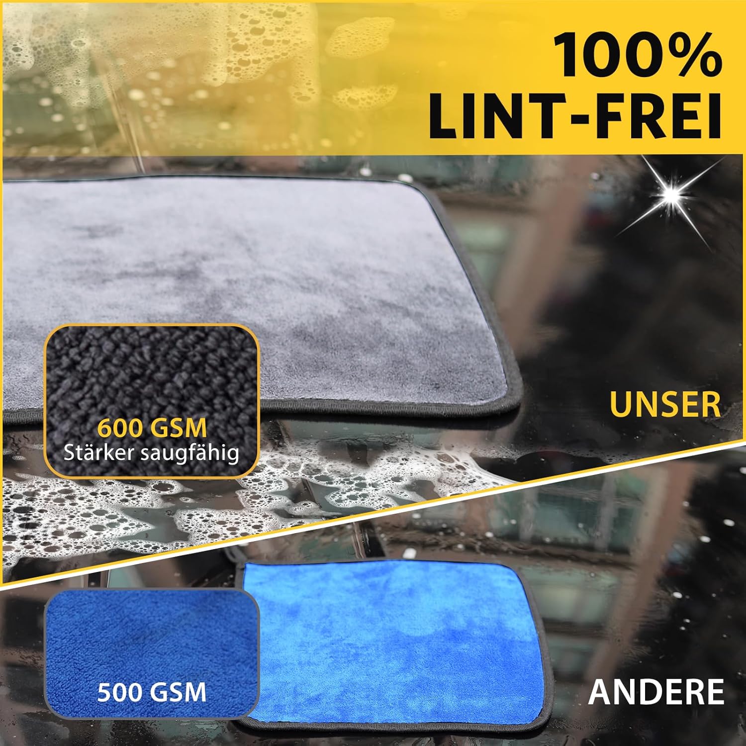 Detalle de KEYAYE Autopflege-Set mit 3 Mikrofasertüchern & 2 Mikrofaser-Waschhandschuhen (600 GSM, 40x30 cm)