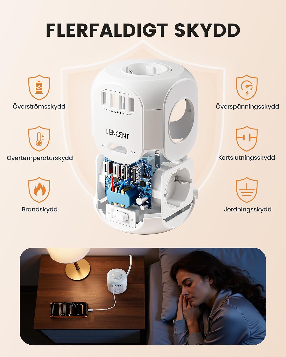 Detalle de LENCENT SL-805E-F-10M grenuttag med 10 m kabel, 4 uttag och USB-C