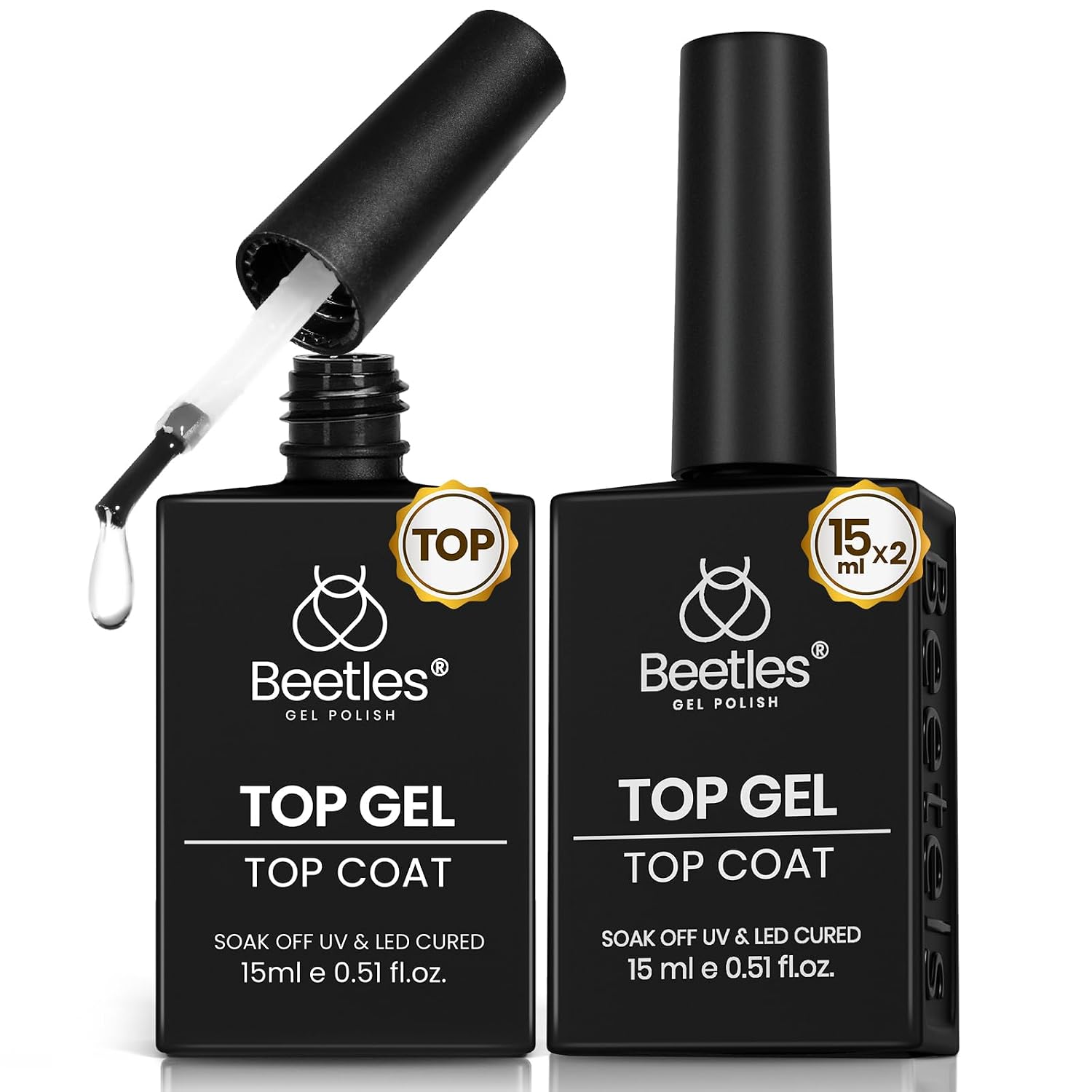 Detalle de Beetles No Wipe Gel Top Coat (2-Pack, 15ml) — High Gloss, Long-Lasting Clear Finish
