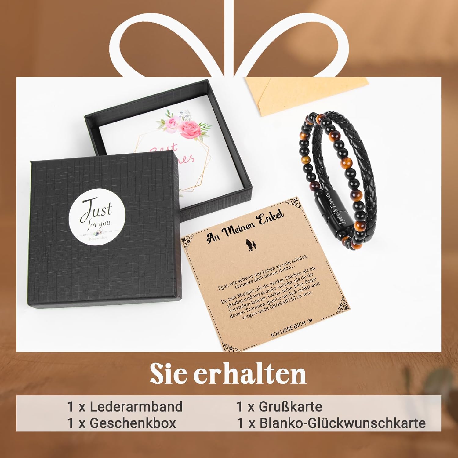 Thumbnail 5 de YIBONIKA Lederarmband mit Tigerauge-Edelsteinperlen & Achat – Geschenkbox inkl.