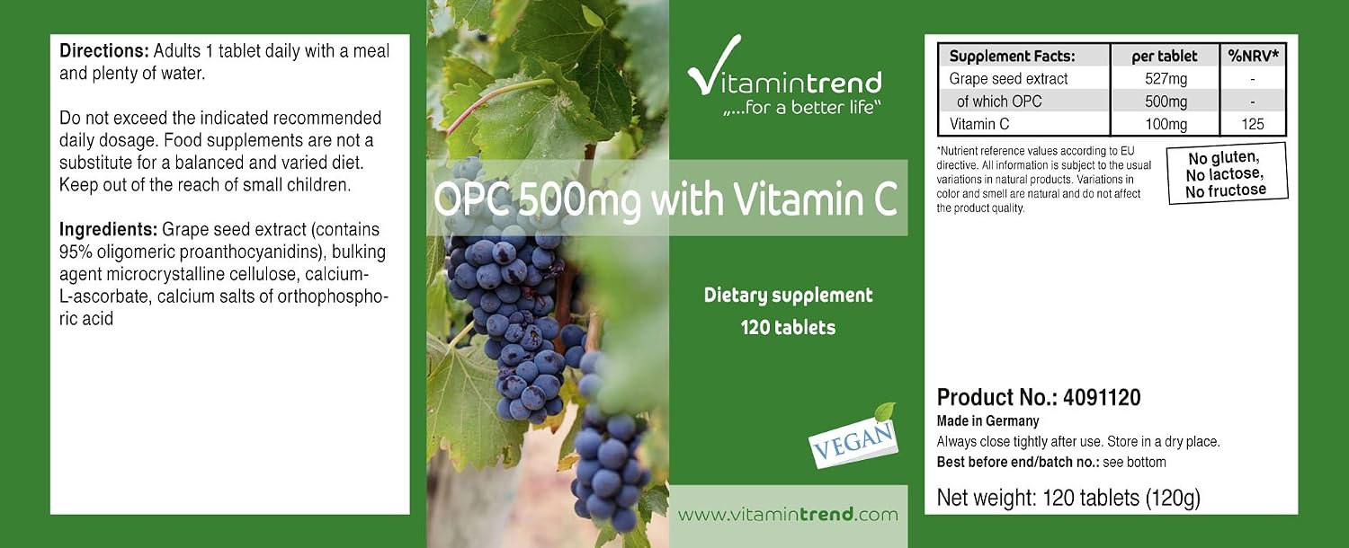 Detalle de Vitamintrend OPC 500 mg mit Vitamin C – Traubenkernextrakt, 120 Tabletten, vegan, hergestellt in Deutschland