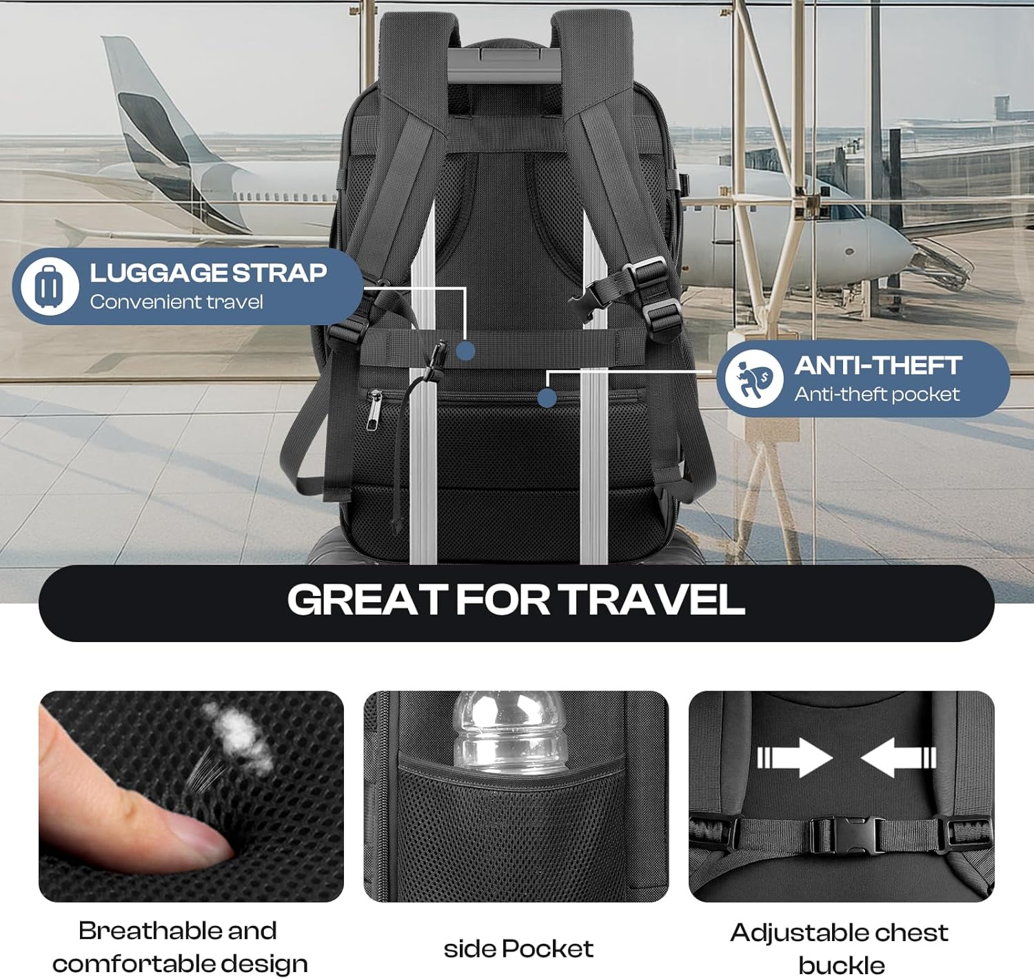 Thumbnail 6 de Sirmaeed Carry-On Backpack 40L–50L (Expandable) TSA-Approved for 17.3” Laptops, Black