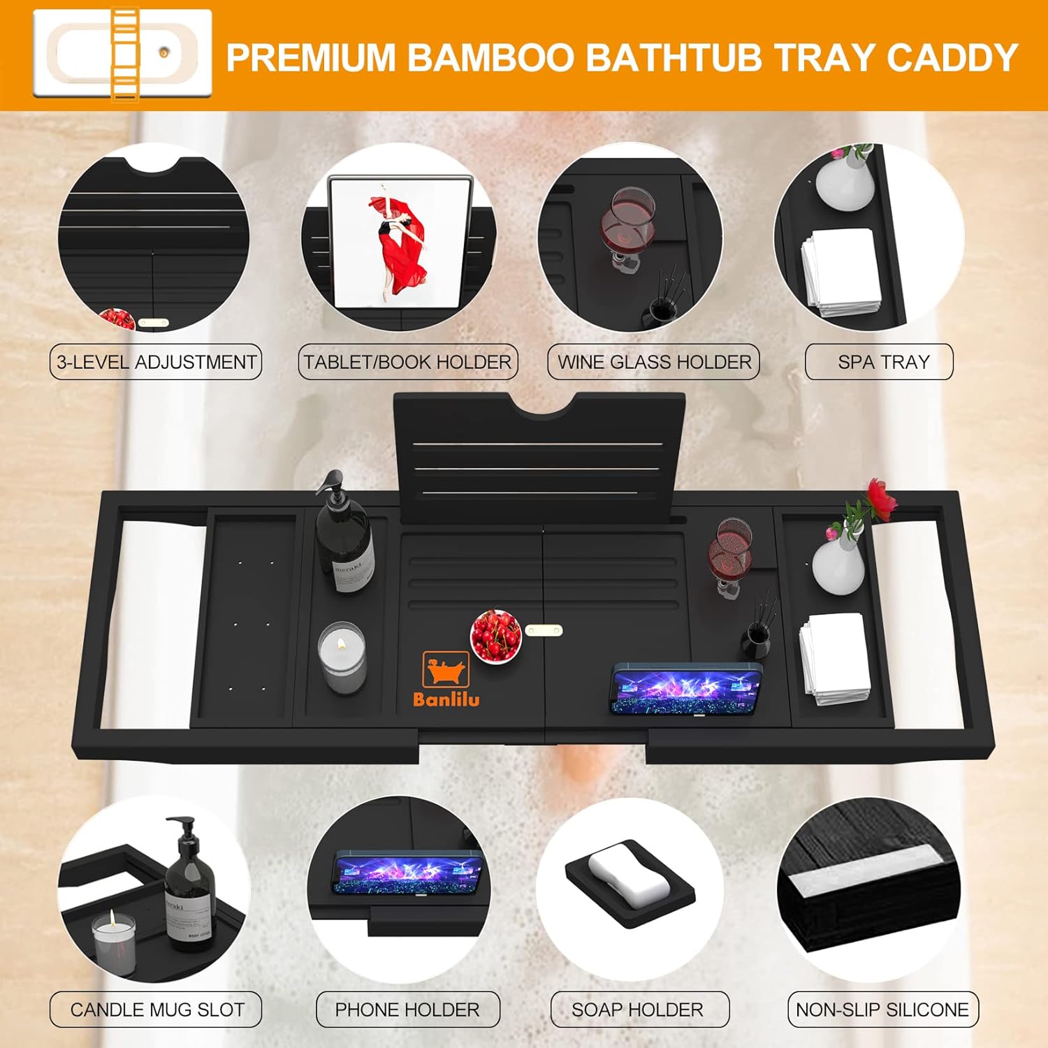 Thumbnail 1 de Premium Bathtub Tray Caddy – Expandable Bamboo Bath Shelf